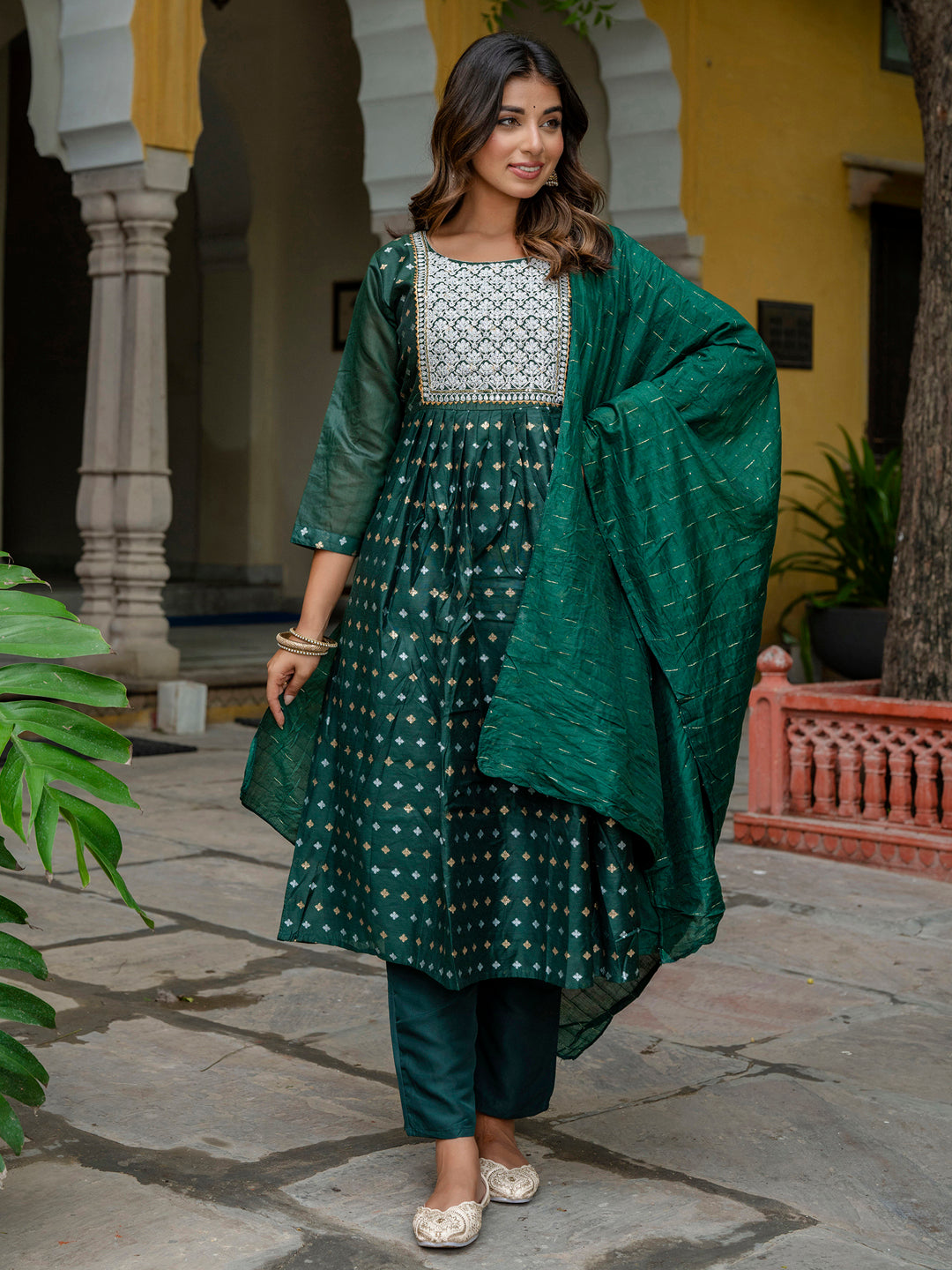 Katyayani Embroidered Chanderi Green Anarkali Suit Set with Dupatta Ethnic Sets