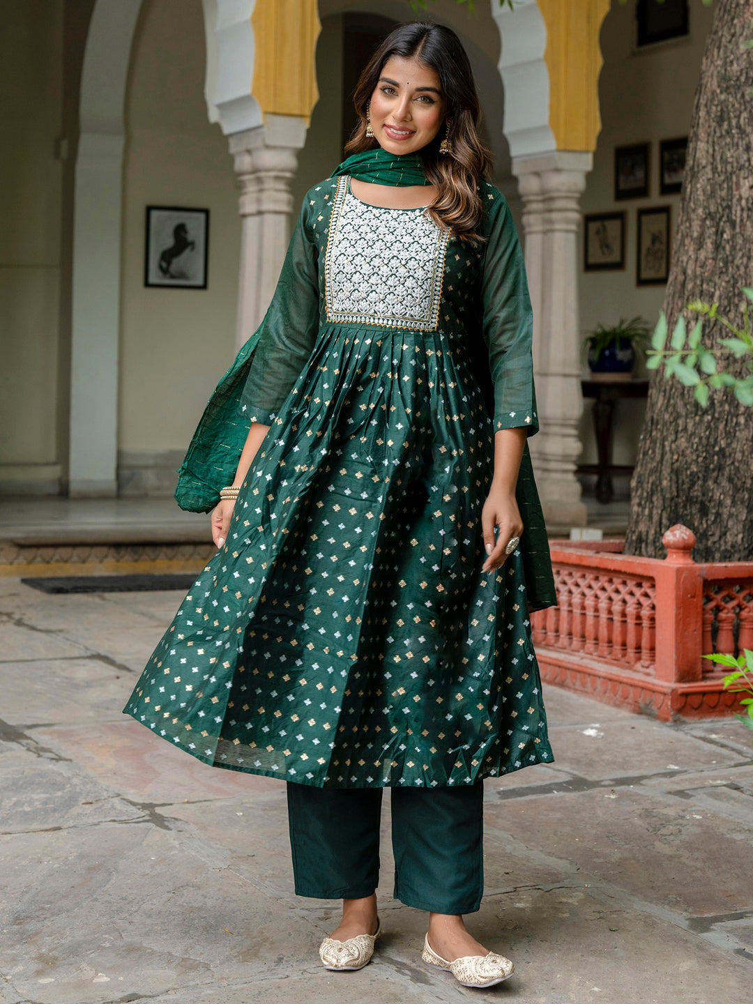 Katyayani Embroidered Chanderi Green Anarkali Suit Set with Dupatta Ethnic Sets