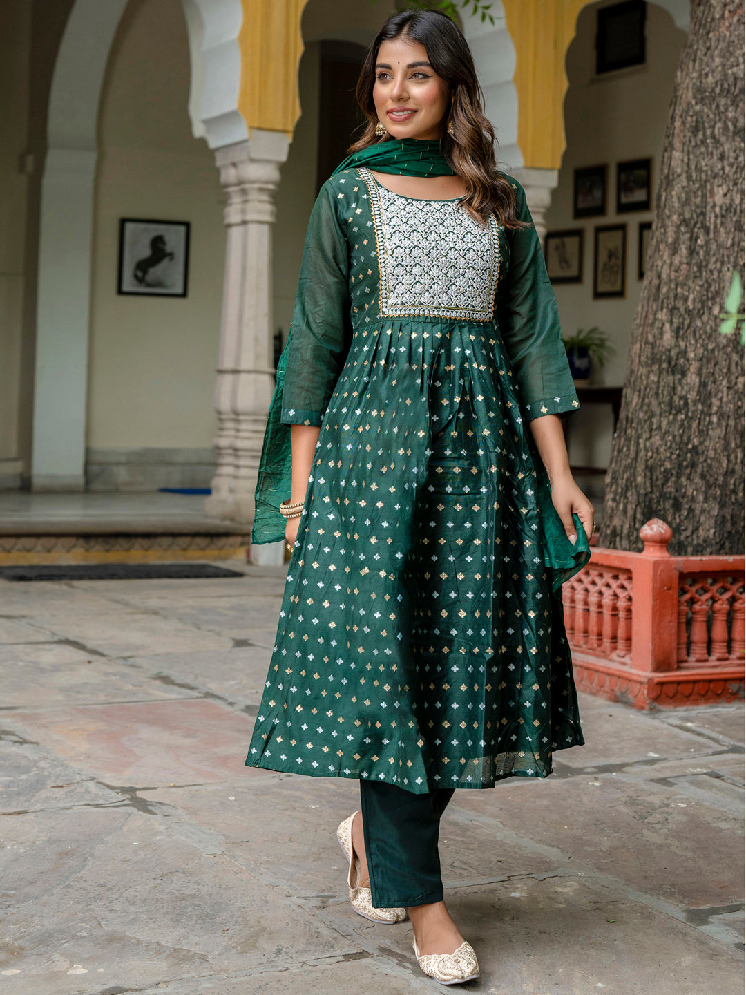 Katyayani Embroidered Chanderi Green Anarkali Suit Set with Dupatta Ethnic Sets