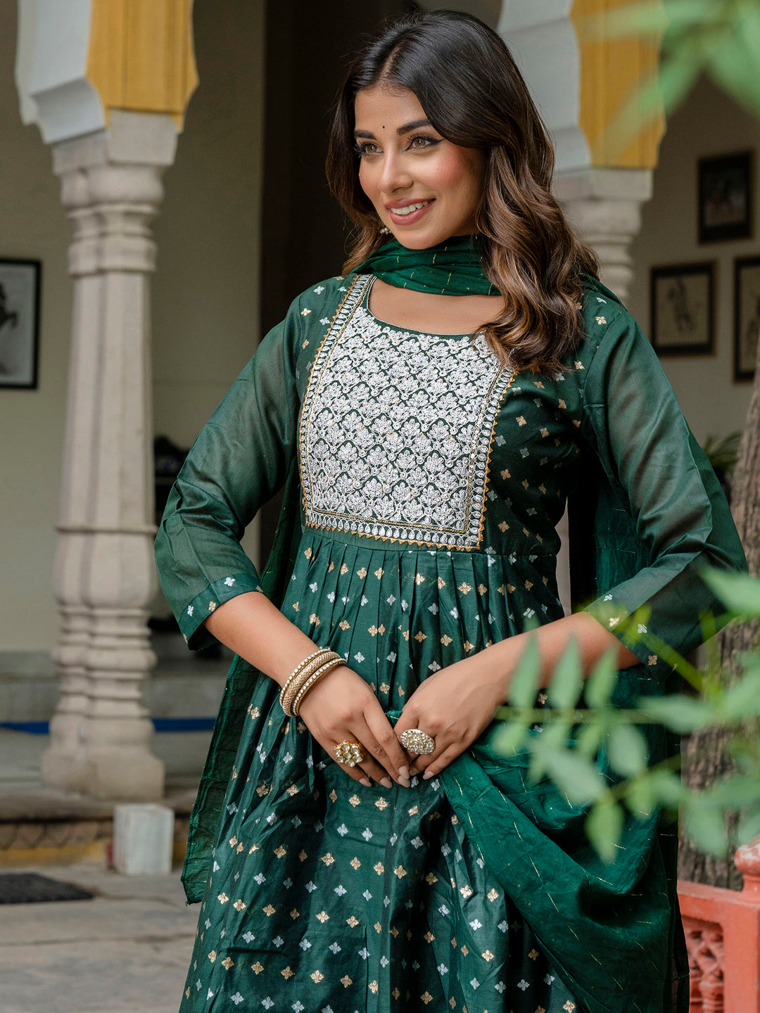 Katyayani Embroidered Chanderi Green Anarkali Suit Set with Dupatta Ethnic Sets