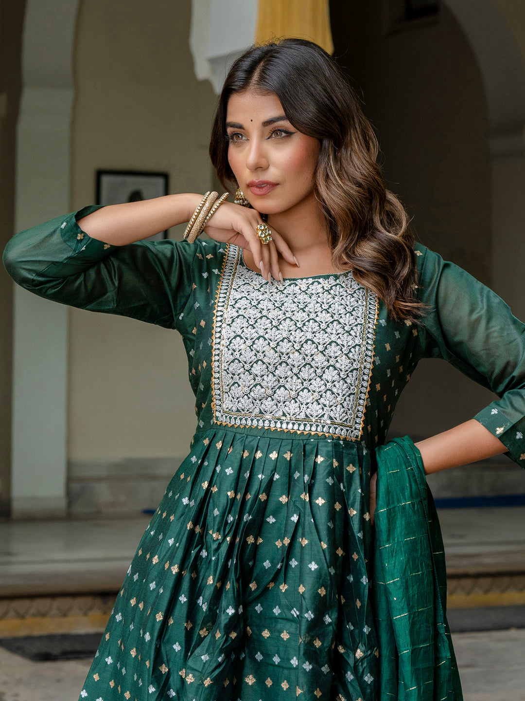 Katyayani Embroidered Chanderi Green Anarkali Suit Set with Dupatta Ethnic Sets