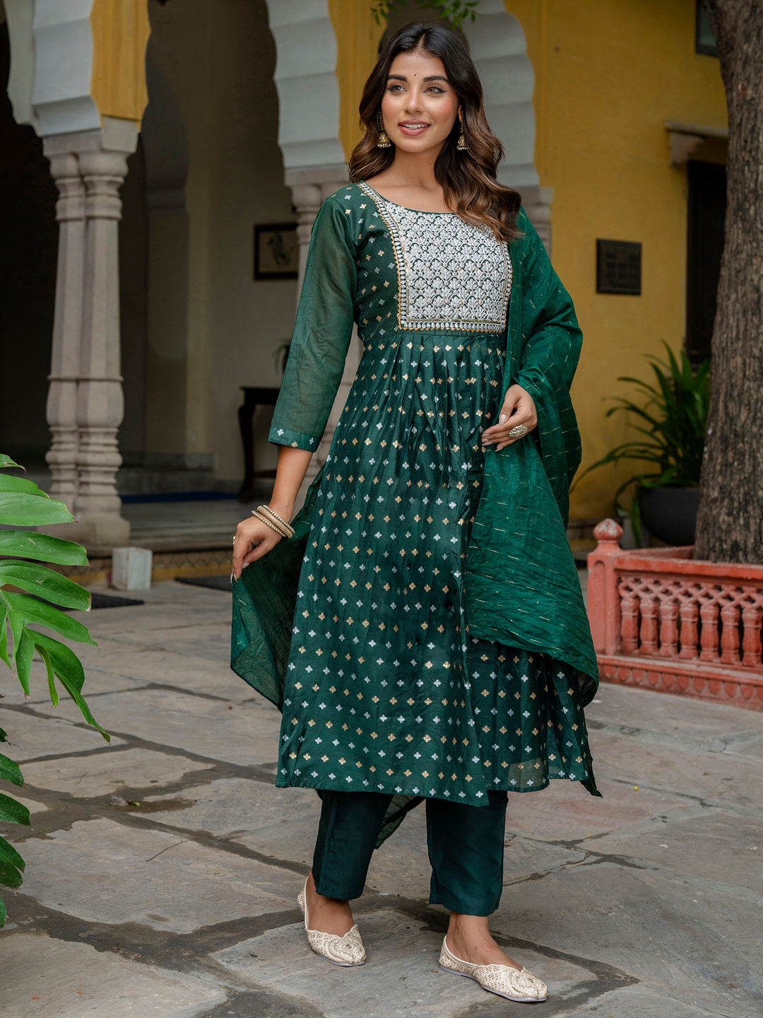 Katyayani Embroidered Chanderi Green Anarkali Suit Set with Dupatta Ethnic Sets