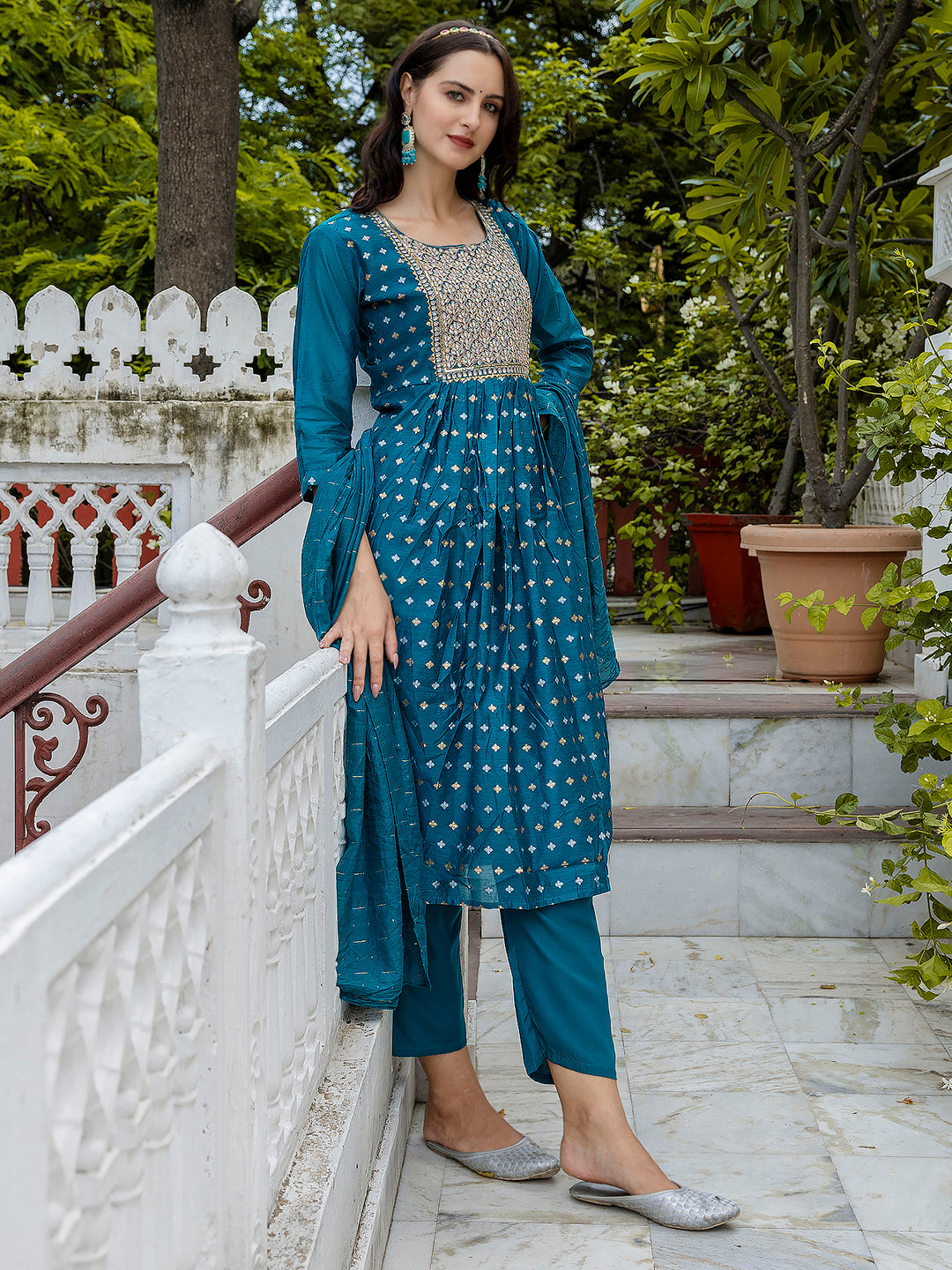 Kamakshi Embroidered Chanderi Teal Anarkali Suit Set with Dupatta Ethnic Sets