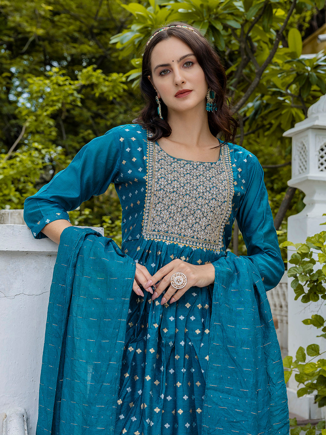 Kamakshi Embroidered Chanderi Teal Anarkali Suit Set with Dupatta Ethnic Sets