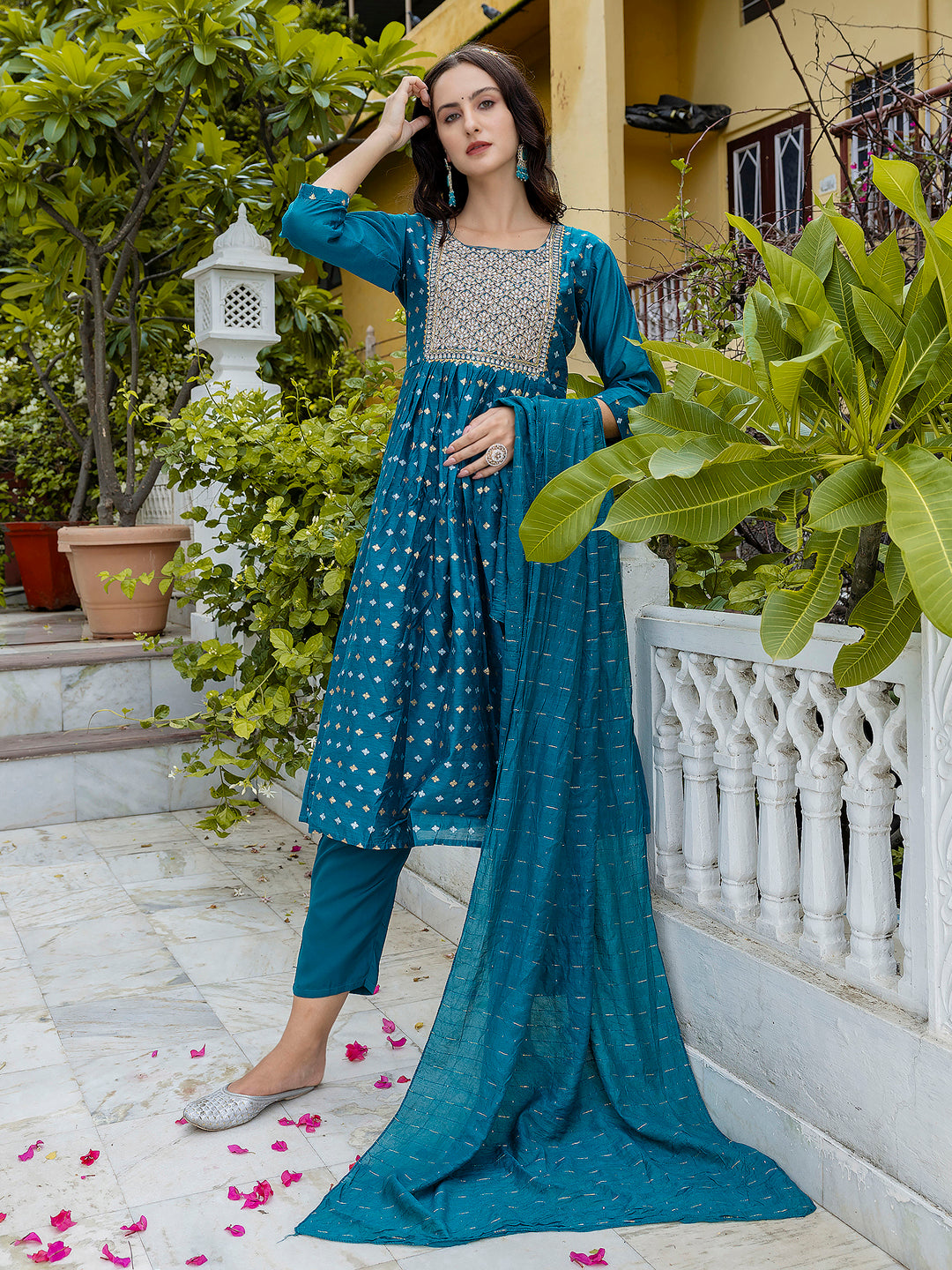 Kamakshi Embroidered Chanderi Teal Anarkali Suit Set with Dupatta Ethnic Sets