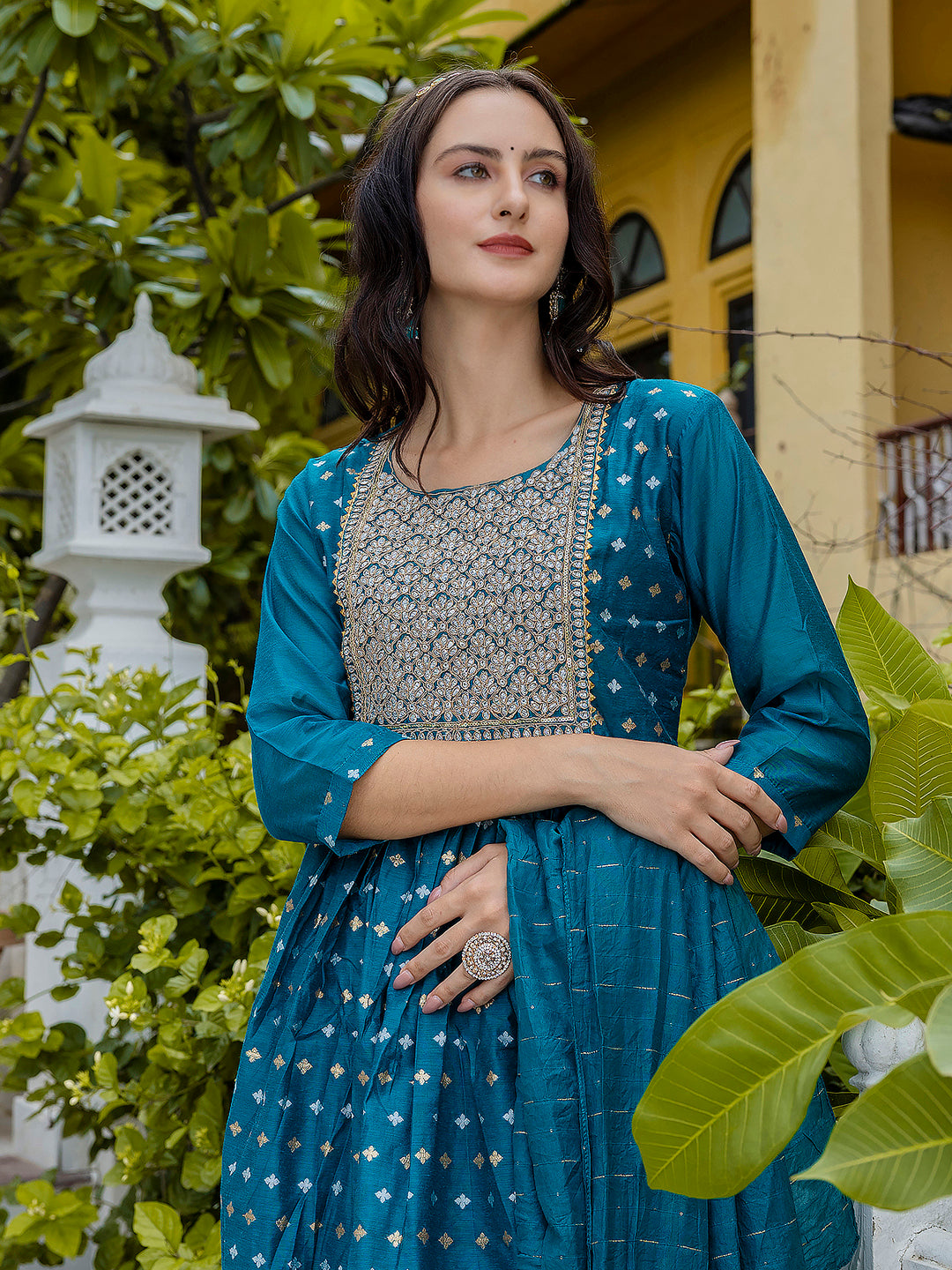 Kamakshi Embroidered Chanderi Teal Anarkali Suit Set with Dupatta Ethnic Sets