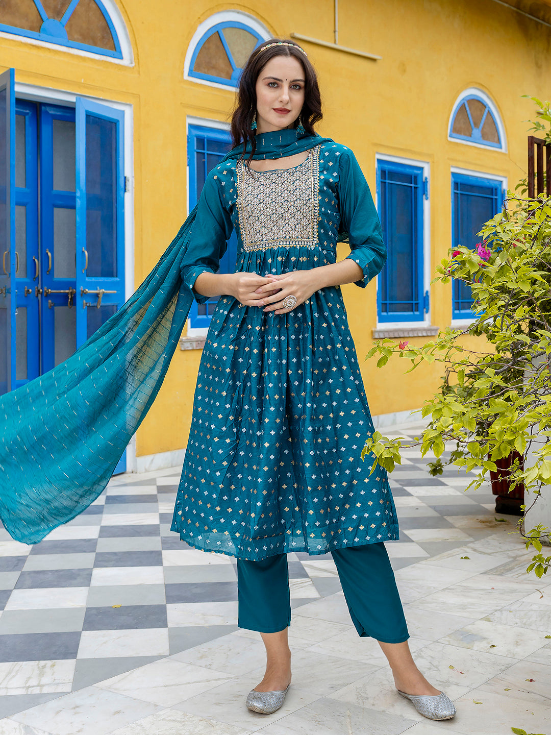 Kamakshi Embroidered Chanderi Teal Anarkali Suit Set with Dupatta Ethnic Sets