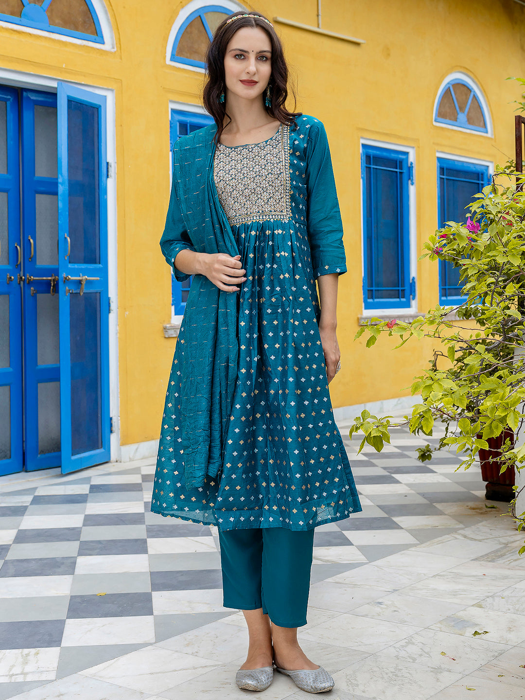 Kamakshi Embroidered Chanderi Teal Anarkali Suit Set with Dupatta Ethnic Sets
