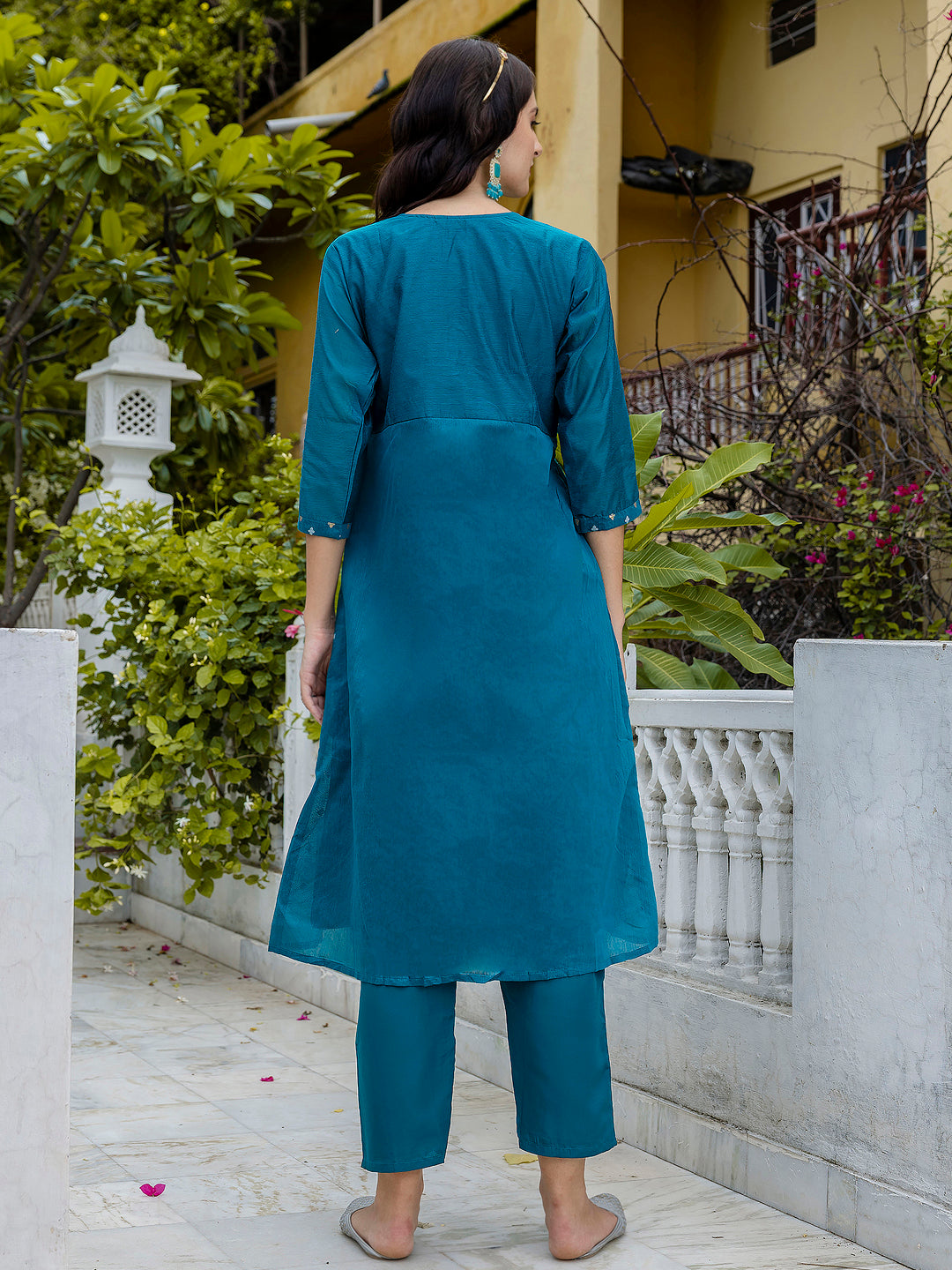 Kamakshi Embroidered Chanderi Teal Anarkali Suit Set with Dupatta Ethnic Sets