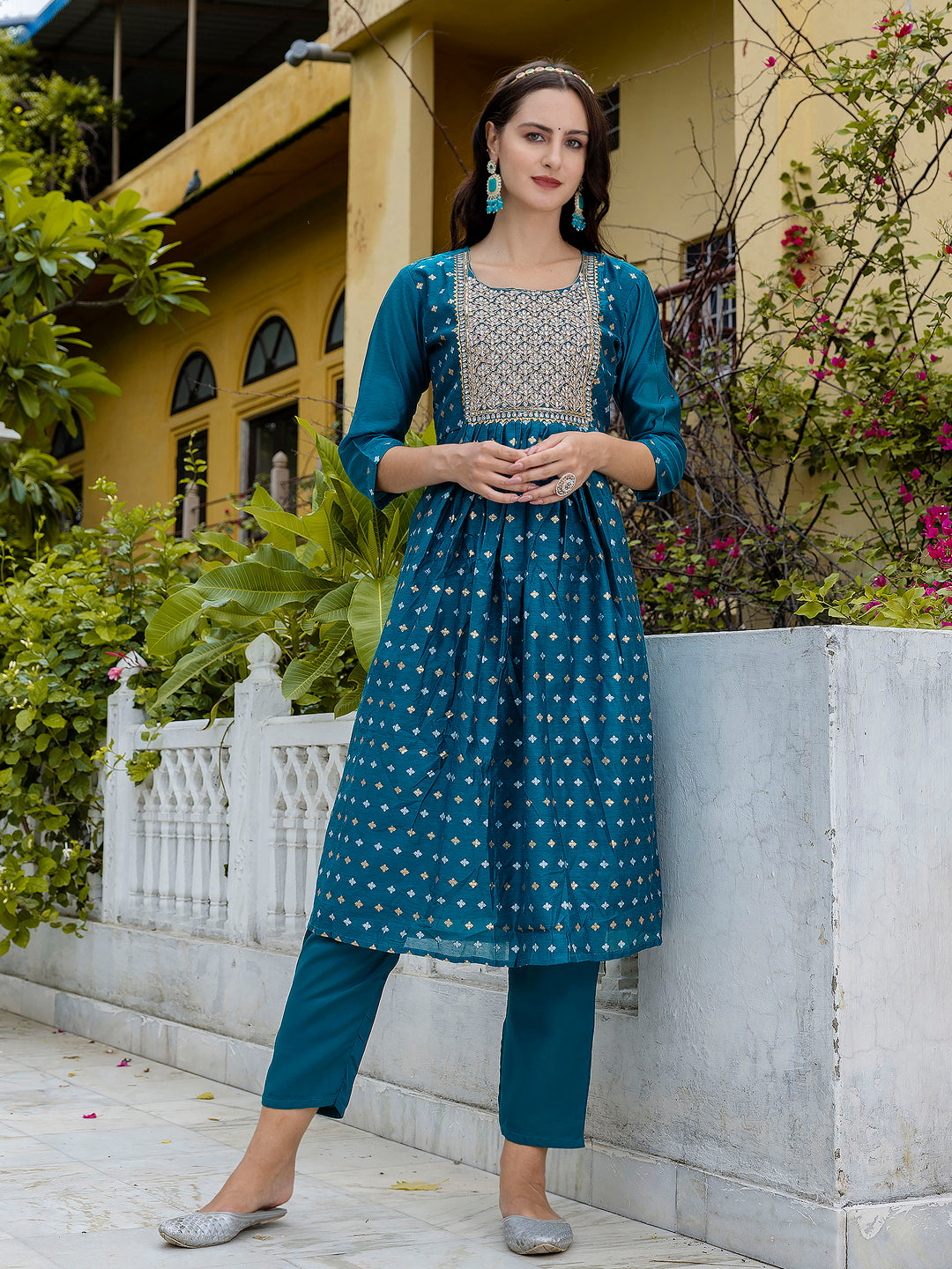 Kamakshi Embroidered Chanderi Teal Anarkali Suit Set with Dupatta Ethnic Sets