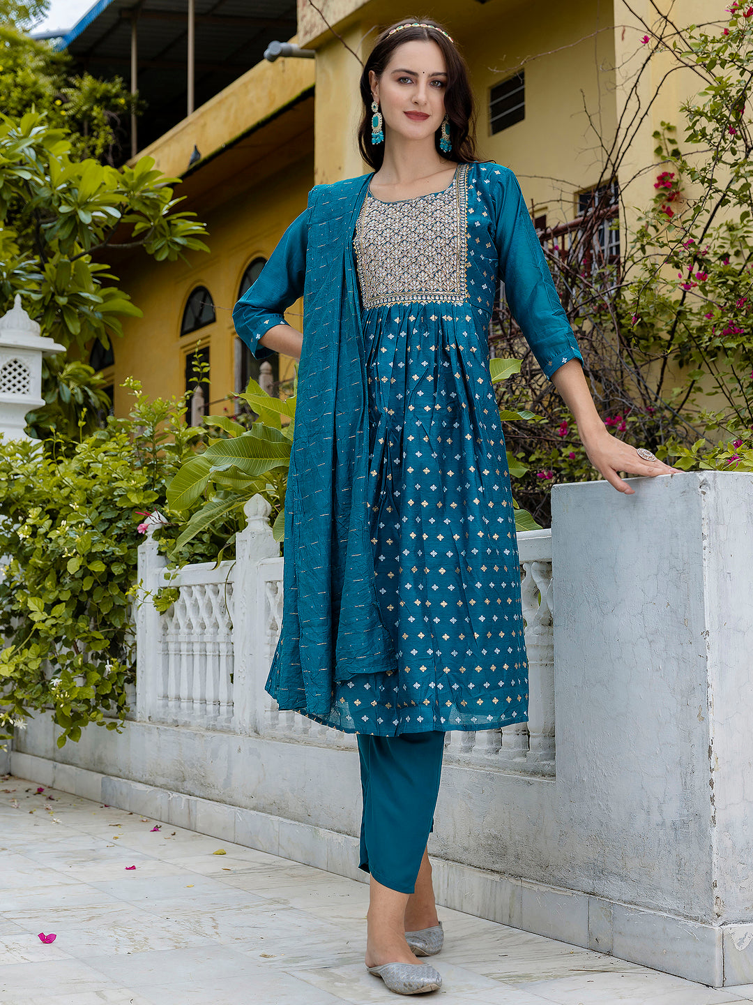 Kamakshi Embroidered Chanderi Teal Anarkali Suit Set with Dupatta Ethnic Sets