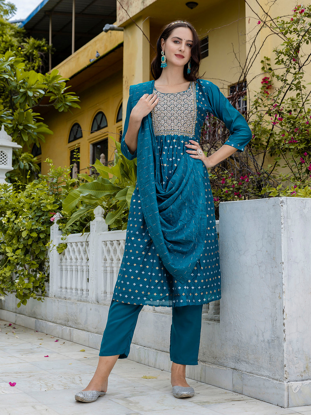Kamakshi Embroidered Chanderi Teal Anarkali Suit Set with Dupatta Ethnic Sets
