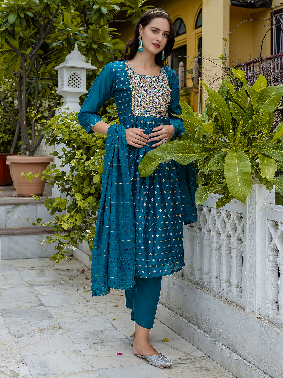 Kamakshi Embroidered Chanderi Teal Anarkali Suit Set with Dupatta Ethnic Sets