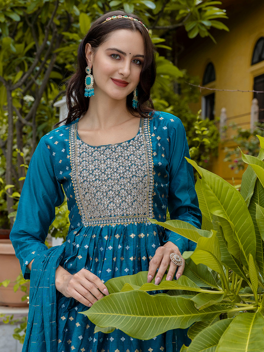 Kamakshi Embroidered Chanderi Teal Anarkali Suit Set with Dupatta Ethnic Sets