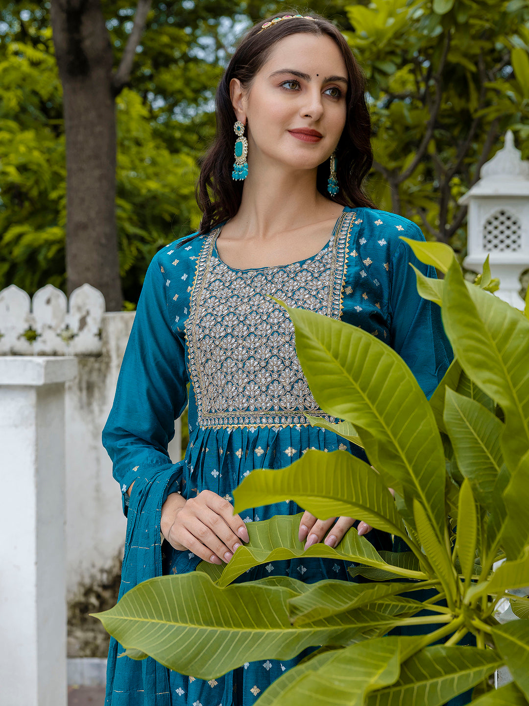 Kamakshi Embroidered Chanderi Teal Anarkali Suit Set with Dupatta Ethnic Sets