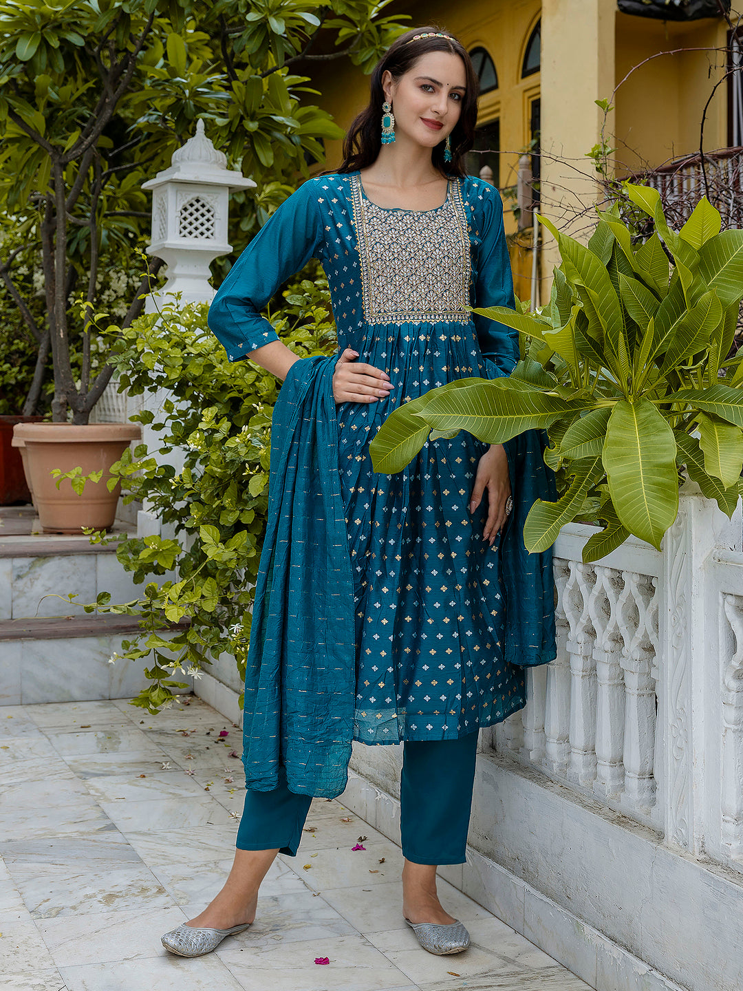 Kamakshi Embroidered Chanderi Teal Anarkali Suit Set with Dupatta Ethnic Sets