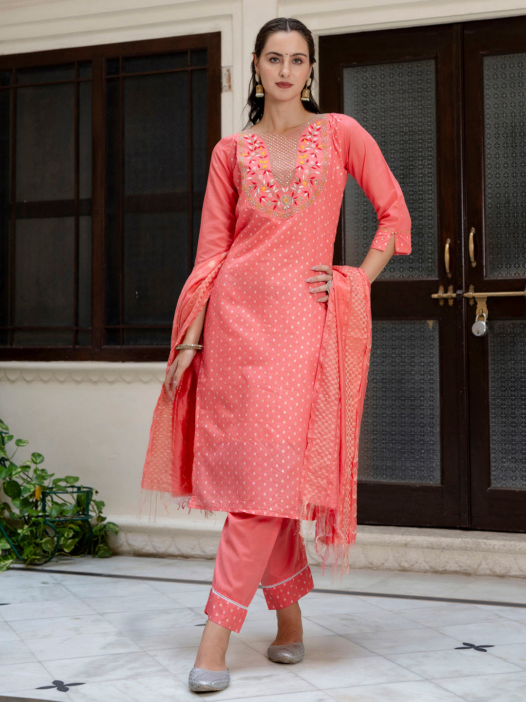 Eashani Chanderi Silk Kurta Set: Coding Embroidery, Party Wear Elegance