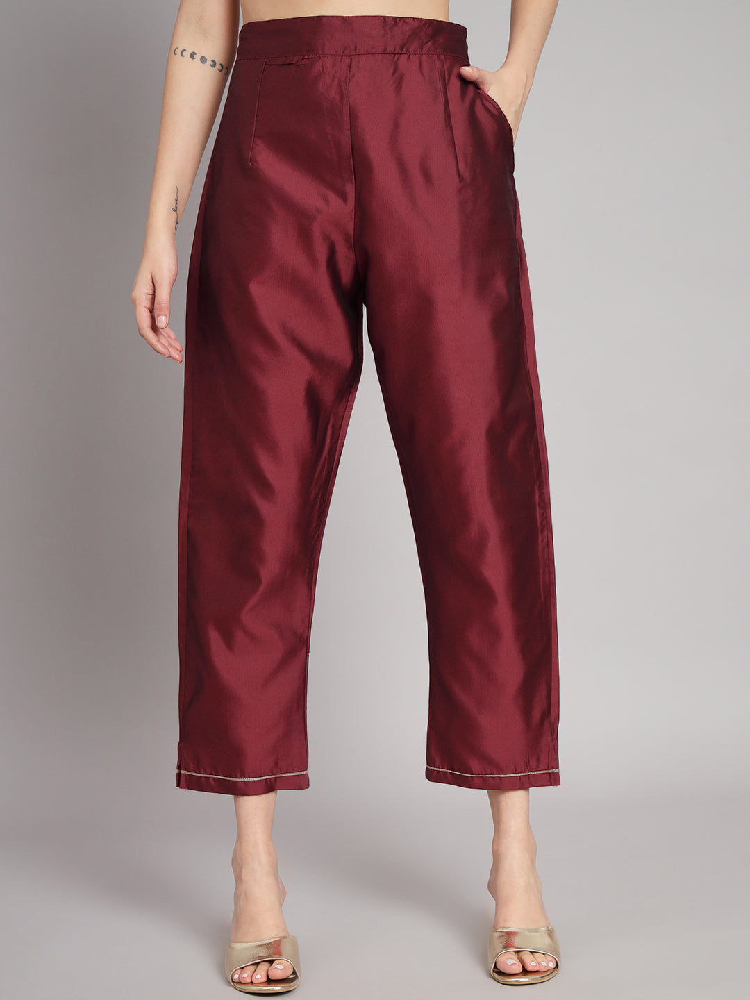 Lilliana  Maroon Silk Round-neck Blossom Woven Kurta With Pant Suits