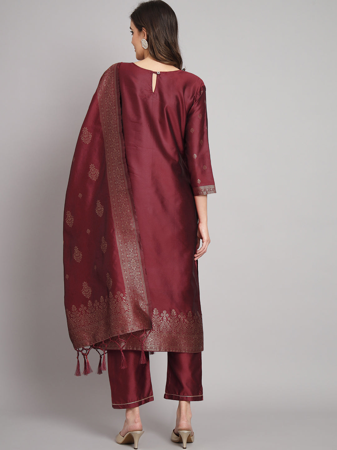 Lilliana  Maroon Silk Round-neck Blossom Woven Kurta With Pant Suits