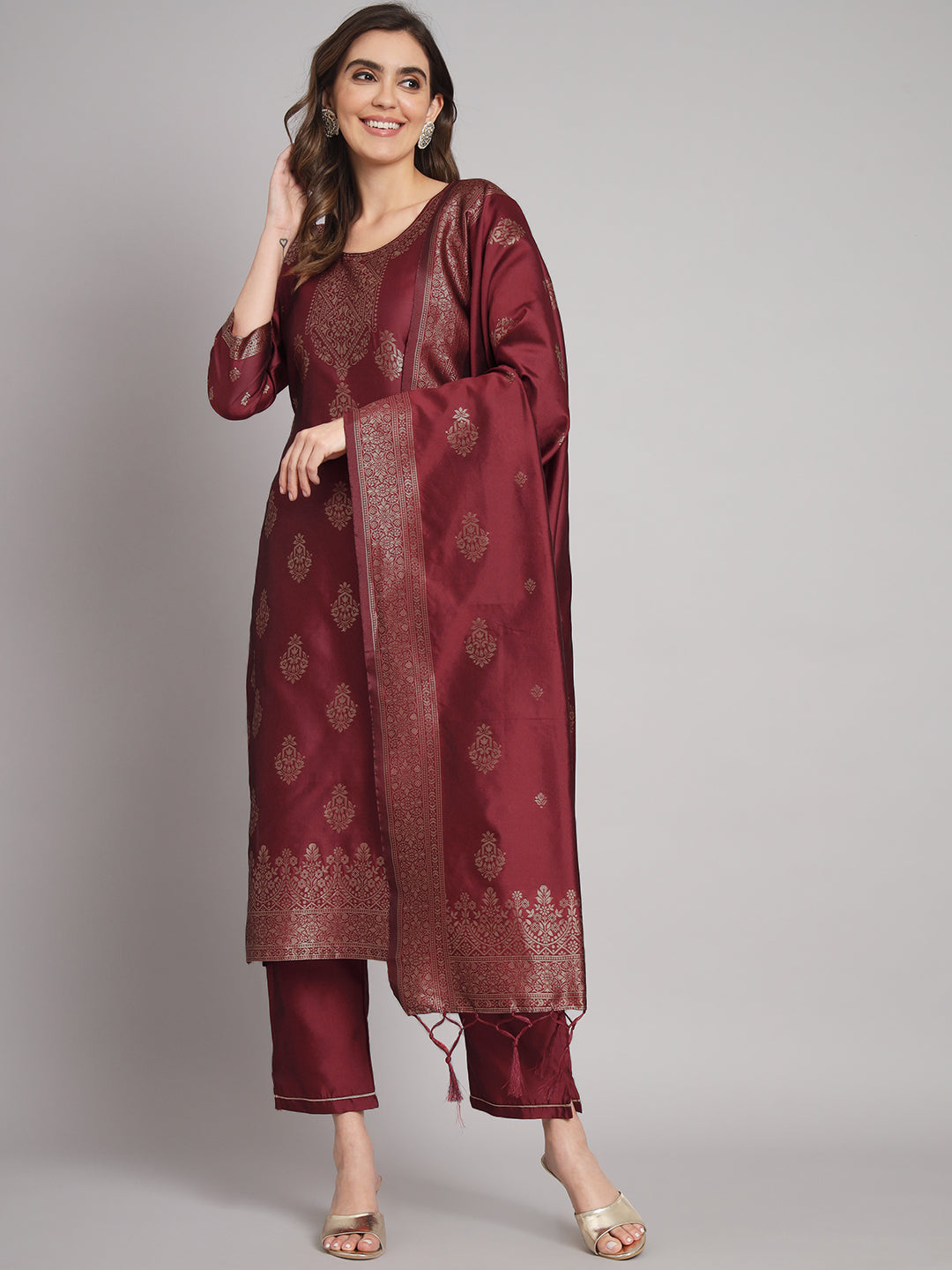 Lilliana  Maroon Silk Round-neck Blossom Woven Kurta With Pant Suits