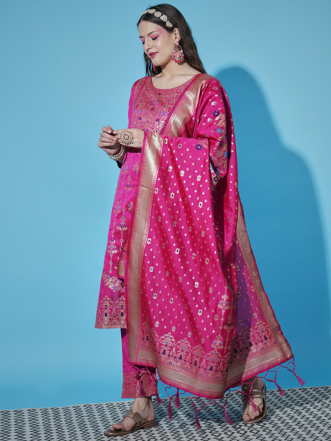 Anjariyaa Cotton Silk Jacquard Kurta Pant With Heavy Banarasi Silk Dupatta