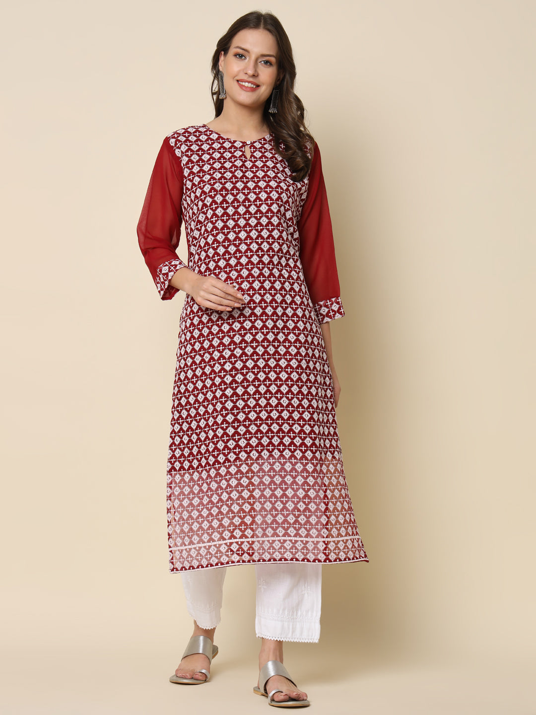 Bharti Women Chikan/ Chikankari Embroidery Georgette Straight Kurta