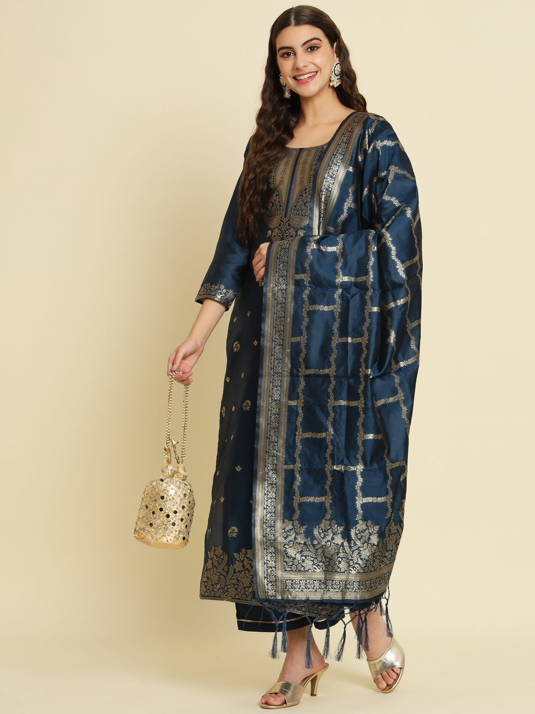 Chanda Kurta and Trousers Pant Set Heavy Zari Wok Silk Blend