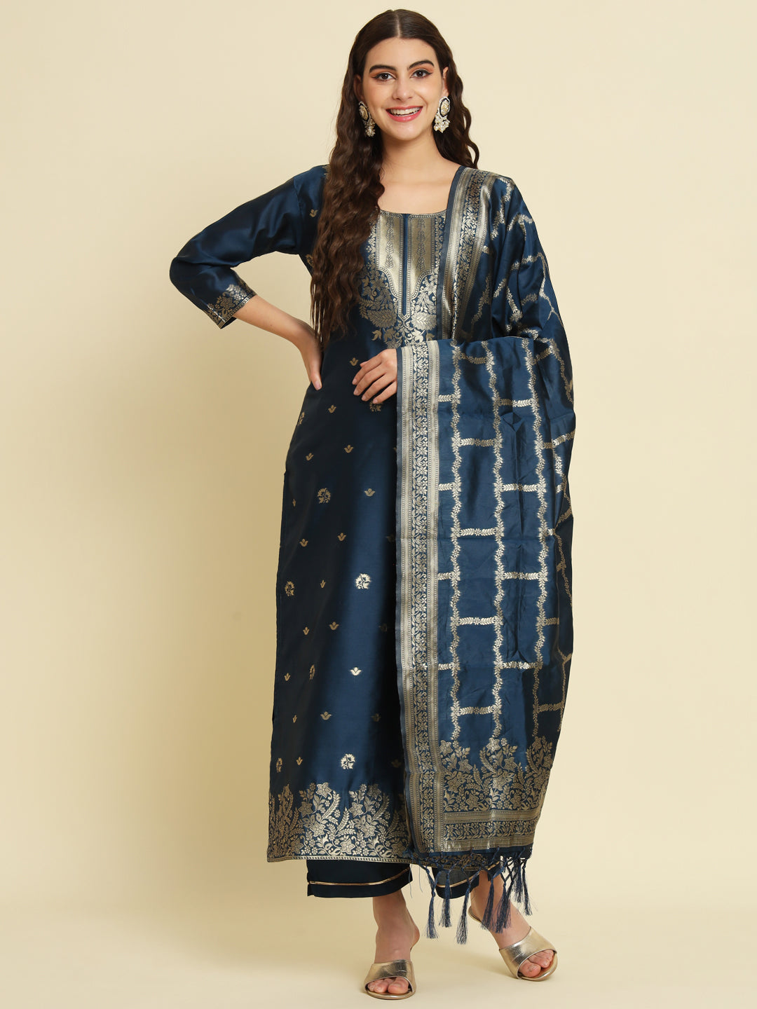 Chanda Kurta and Trousers Pant Set Heavy Zari Wok Silk Blend