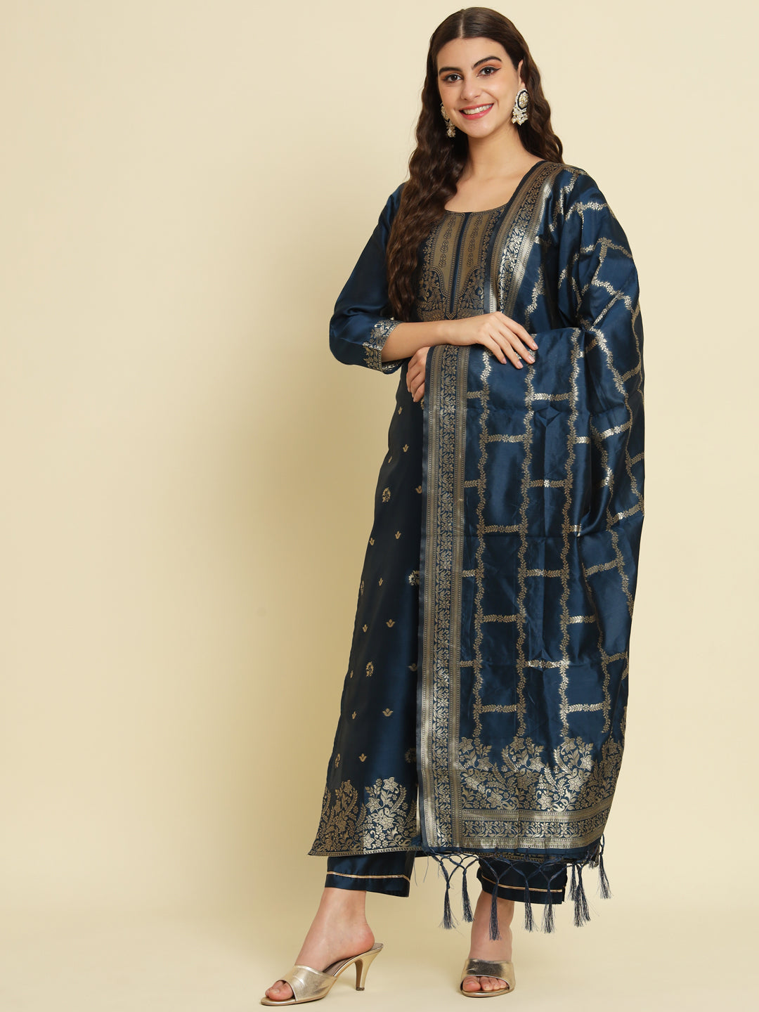 Chanda Kurta and Trousers Pant Set Heavy Zari Wok Silk Blend