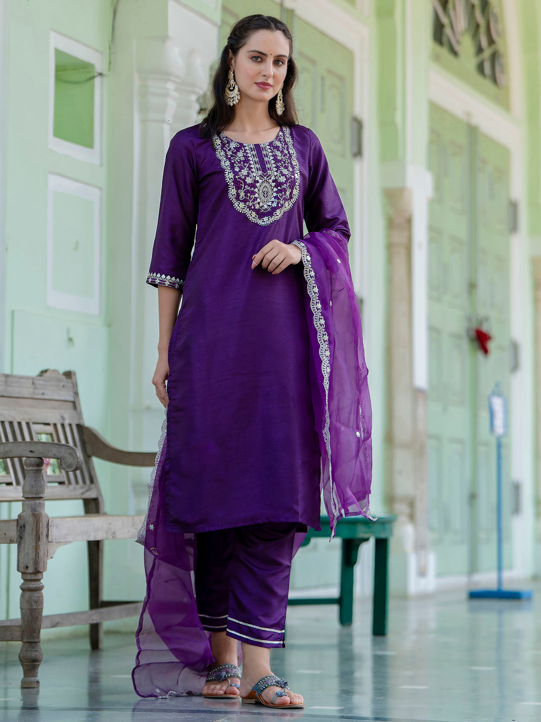 Dhara Silk Blend Embroidered Kurta Set with Dupatta