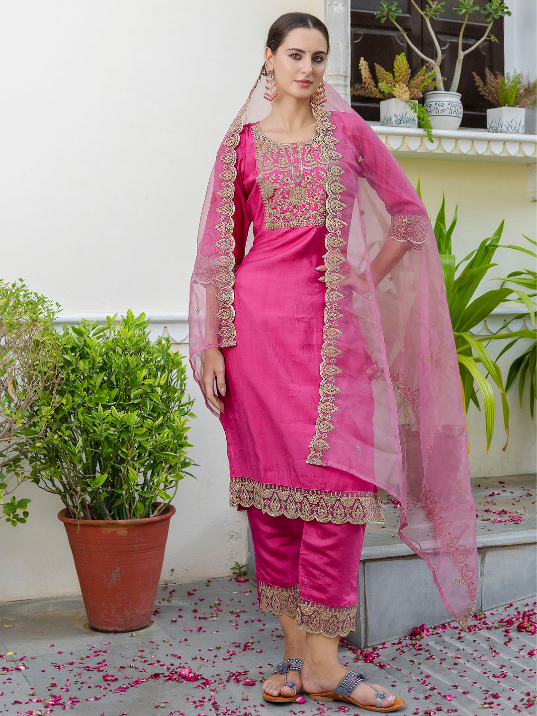 Ashvini Embroidered Kurta and Trousers Pant Set Silk Blend Set