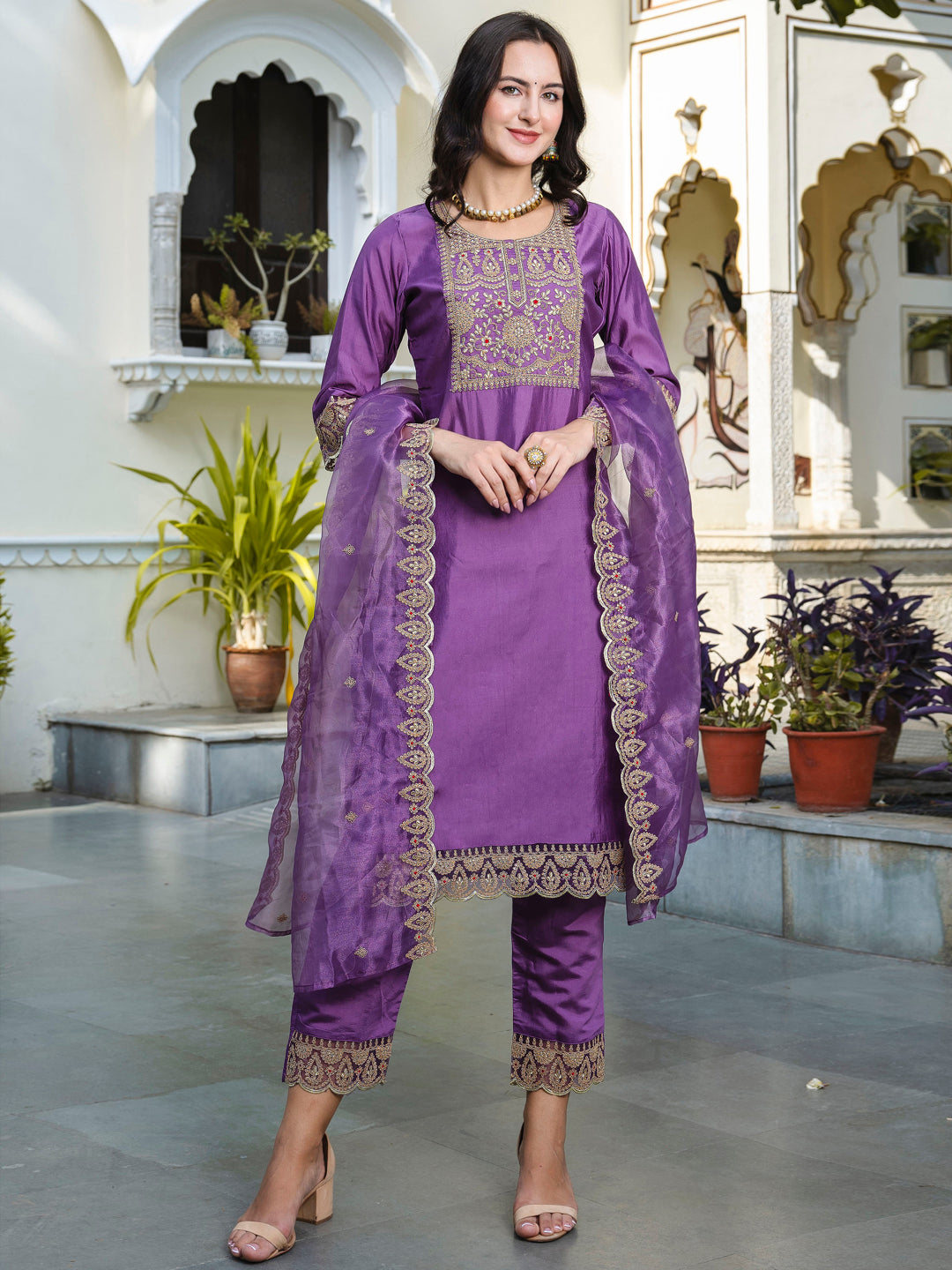 Asmita  Embroidered Kurta and Trousers Pant Set Silk Blend Set