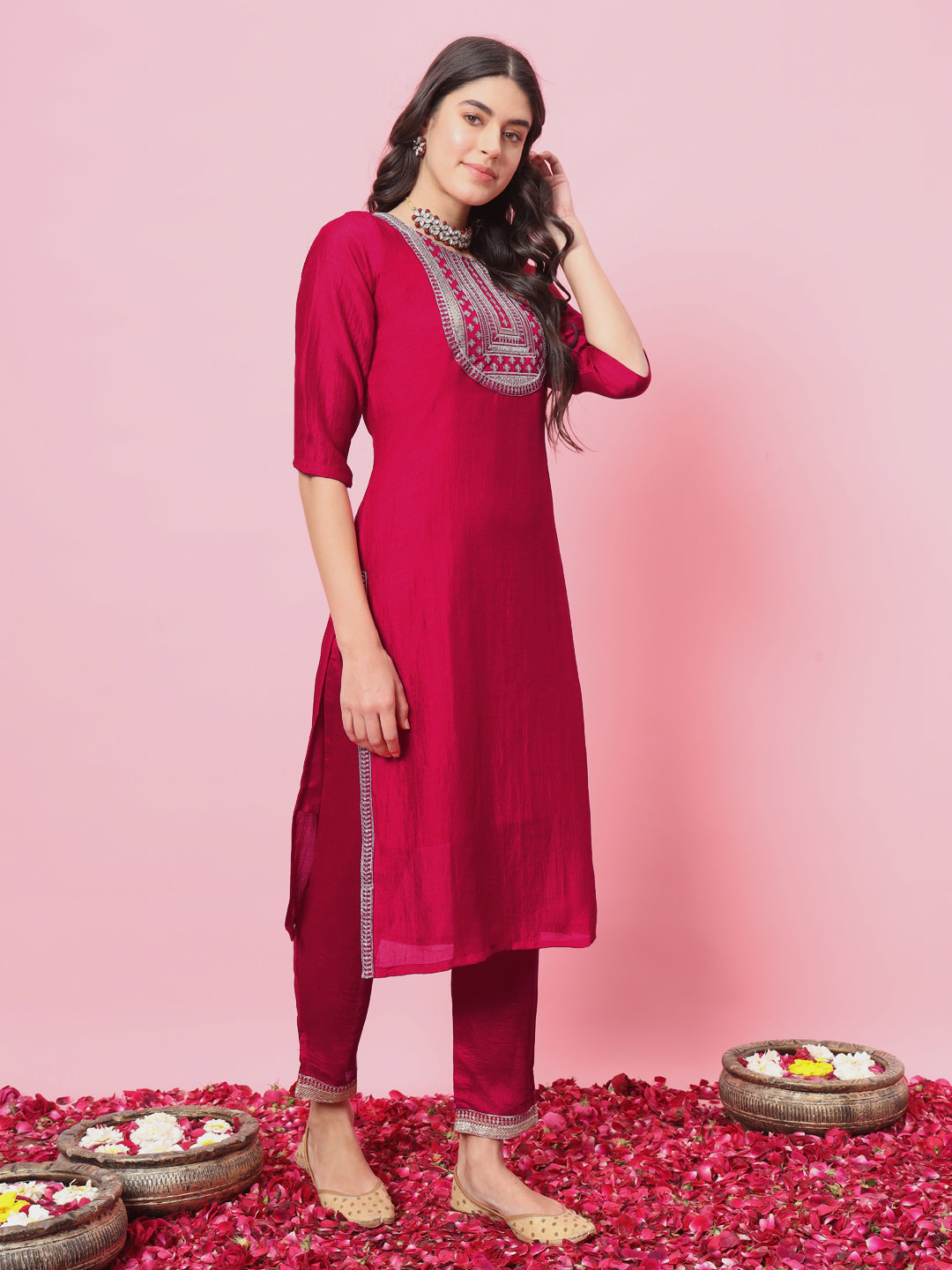 Yamuna  Women Kurta and Trousers Pant Set Silk Blend