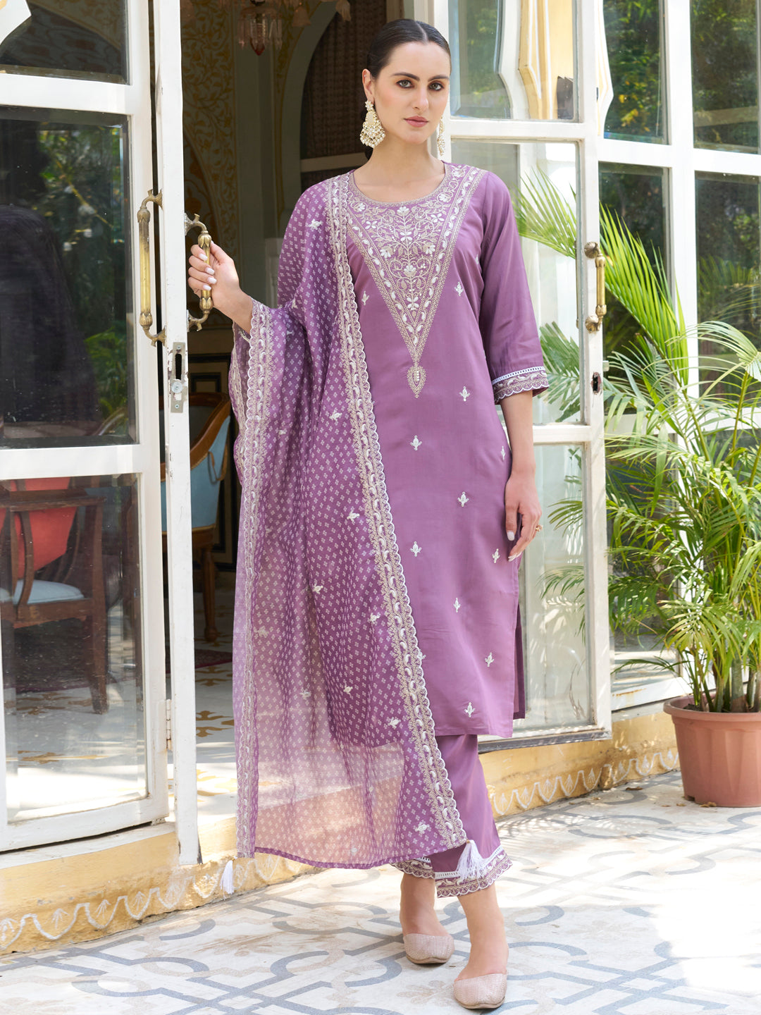 Tashi  Embroidered Silk Blend Straight Suit With Dupatta