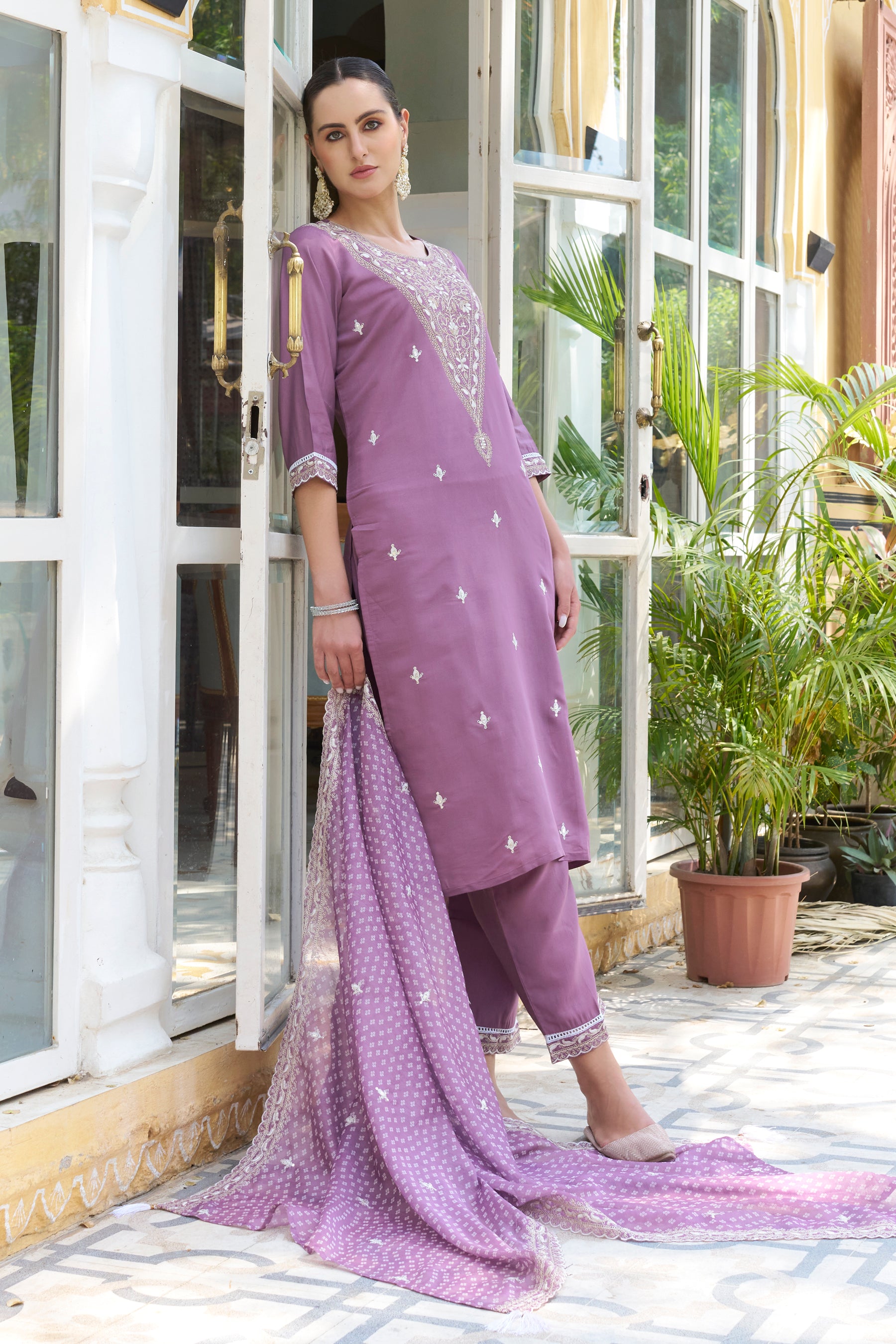 Tashi  Embroidered Silk Blend Straight Suit With Dupatta
