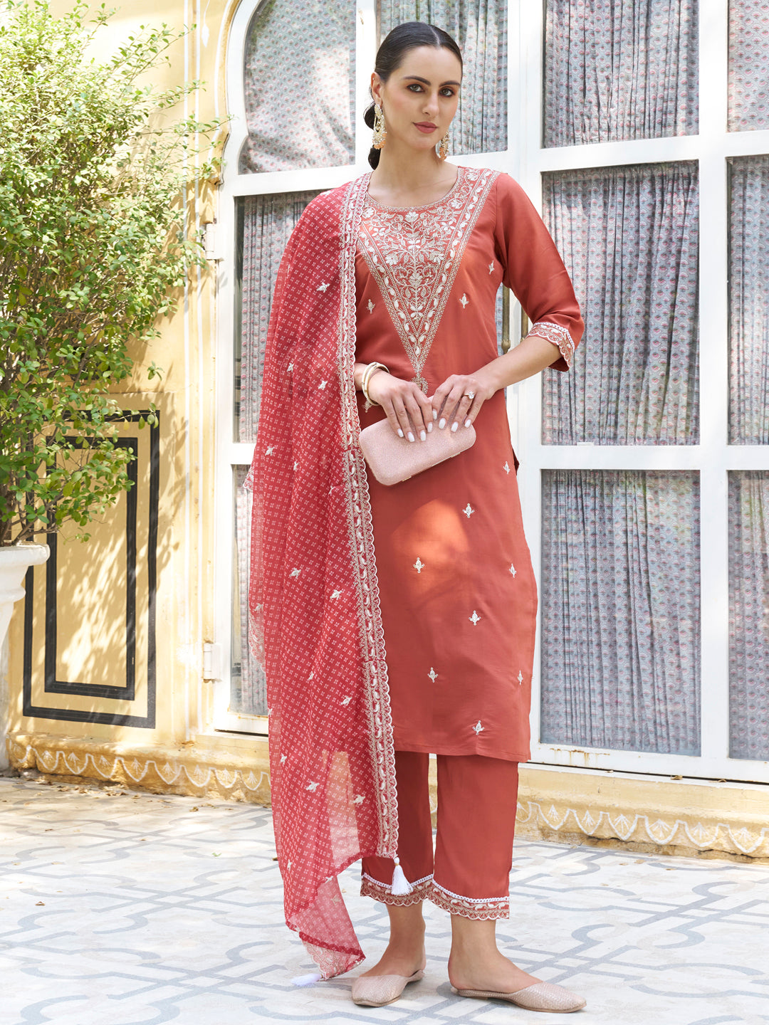 Chandrika Embroidered Silk Blend Straight Suit With Dupatta