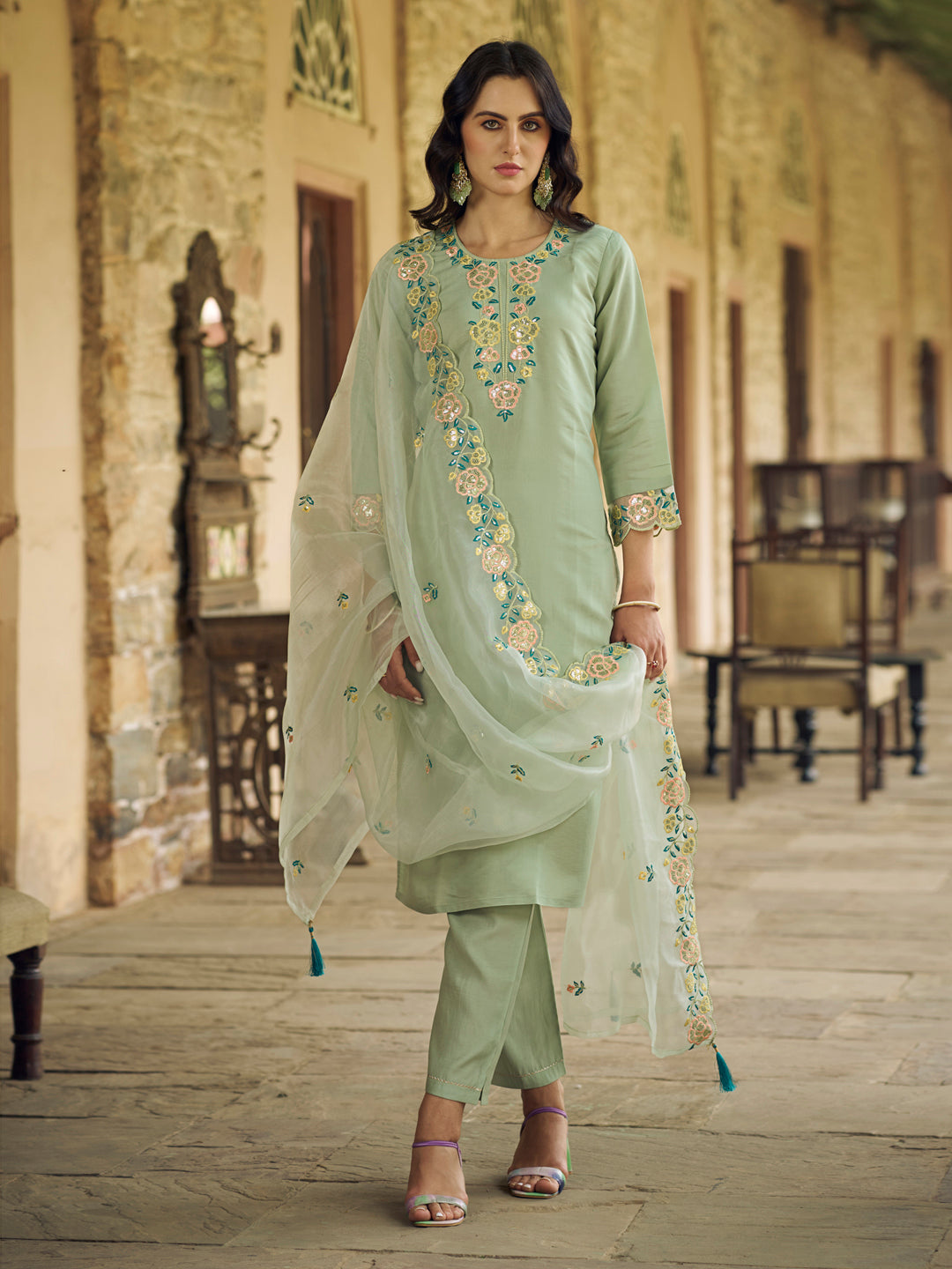 Sanskriti Women Kurta and Pant Sets Viscos Roman Silk Fabric