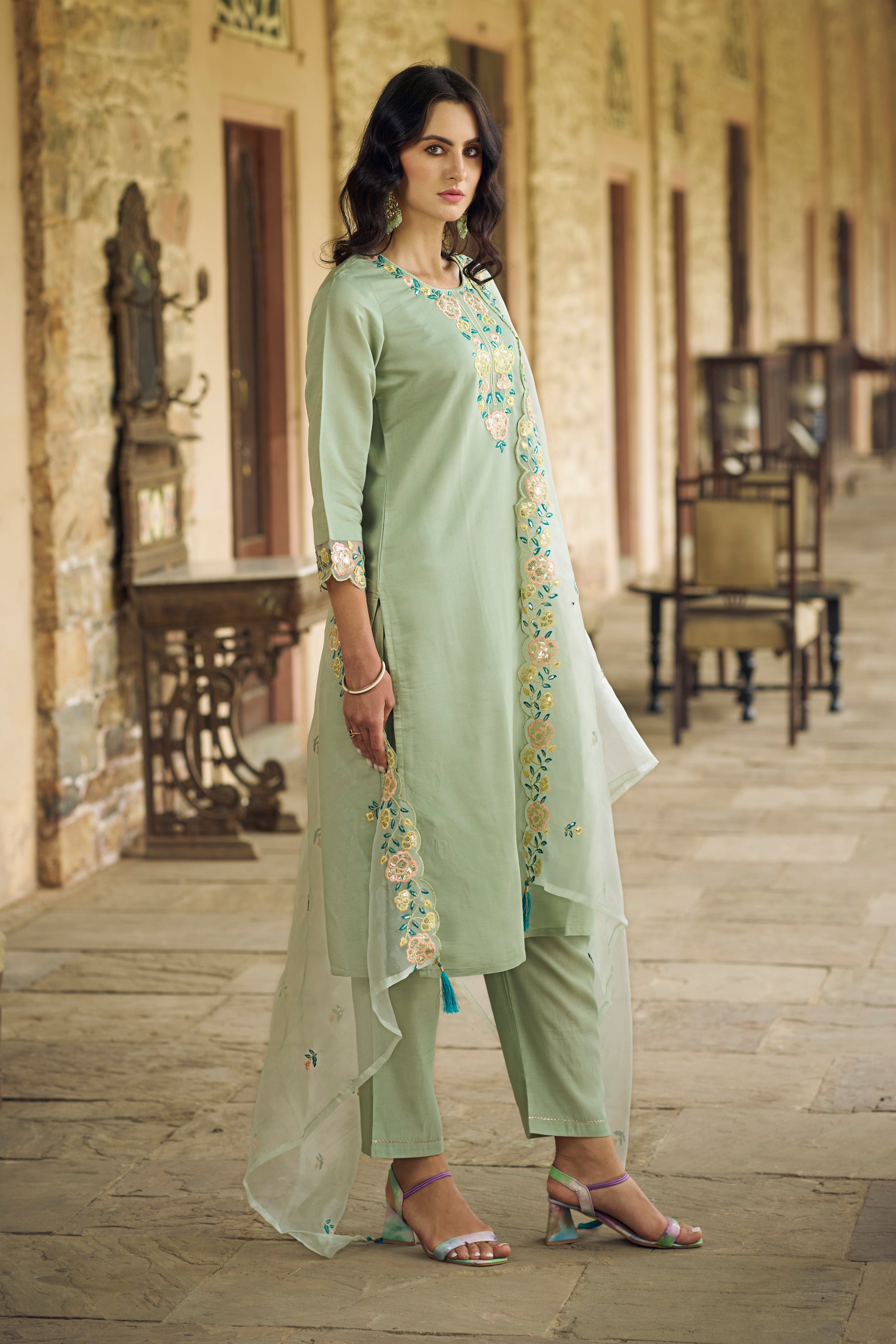 Sanskriti Women Kurta and Pant Sets Viscos Roman Silk Fabric