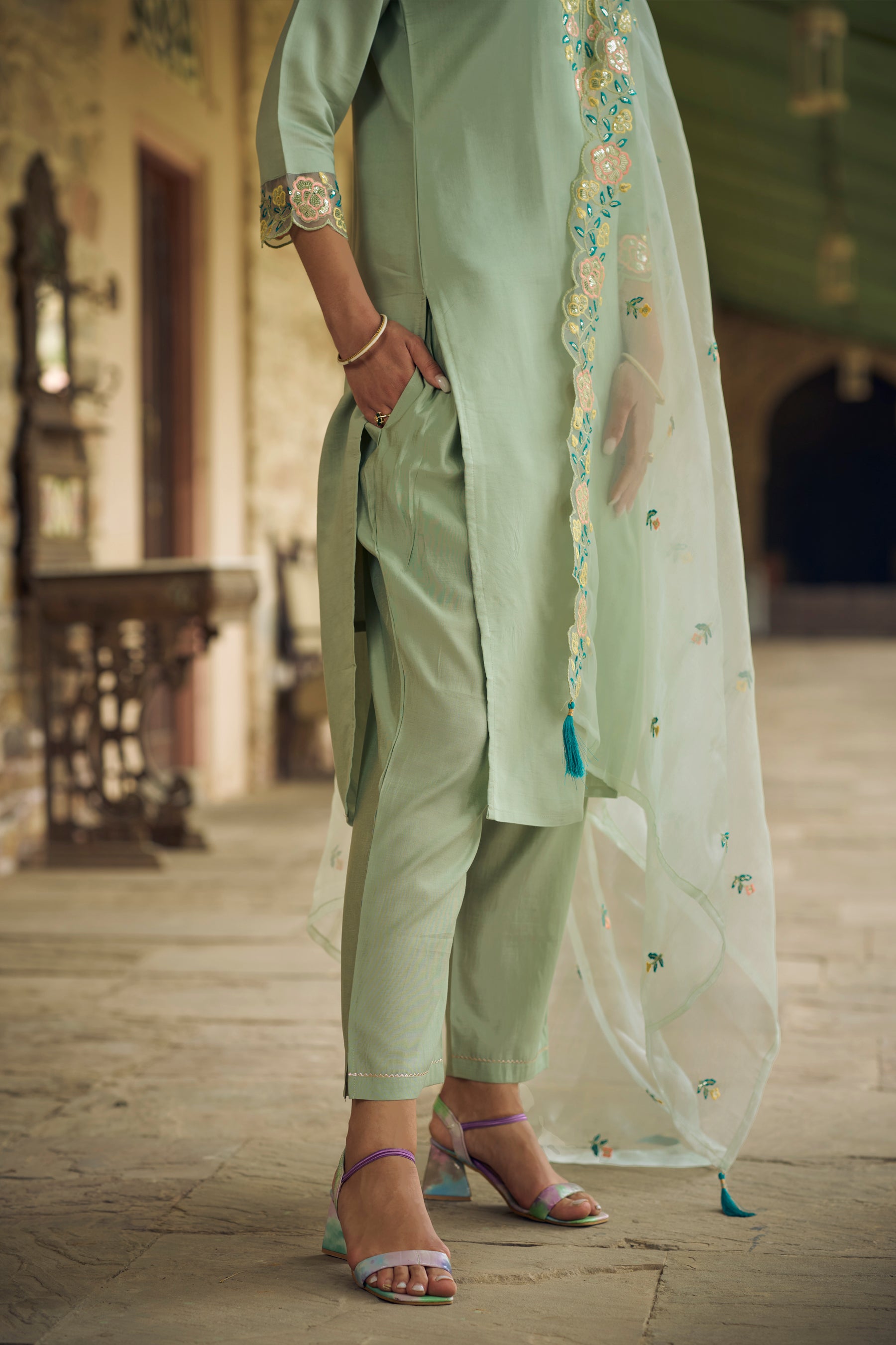 Sanskriti Women Kurta and Pant Sets Viscos Roman Silk Fabric