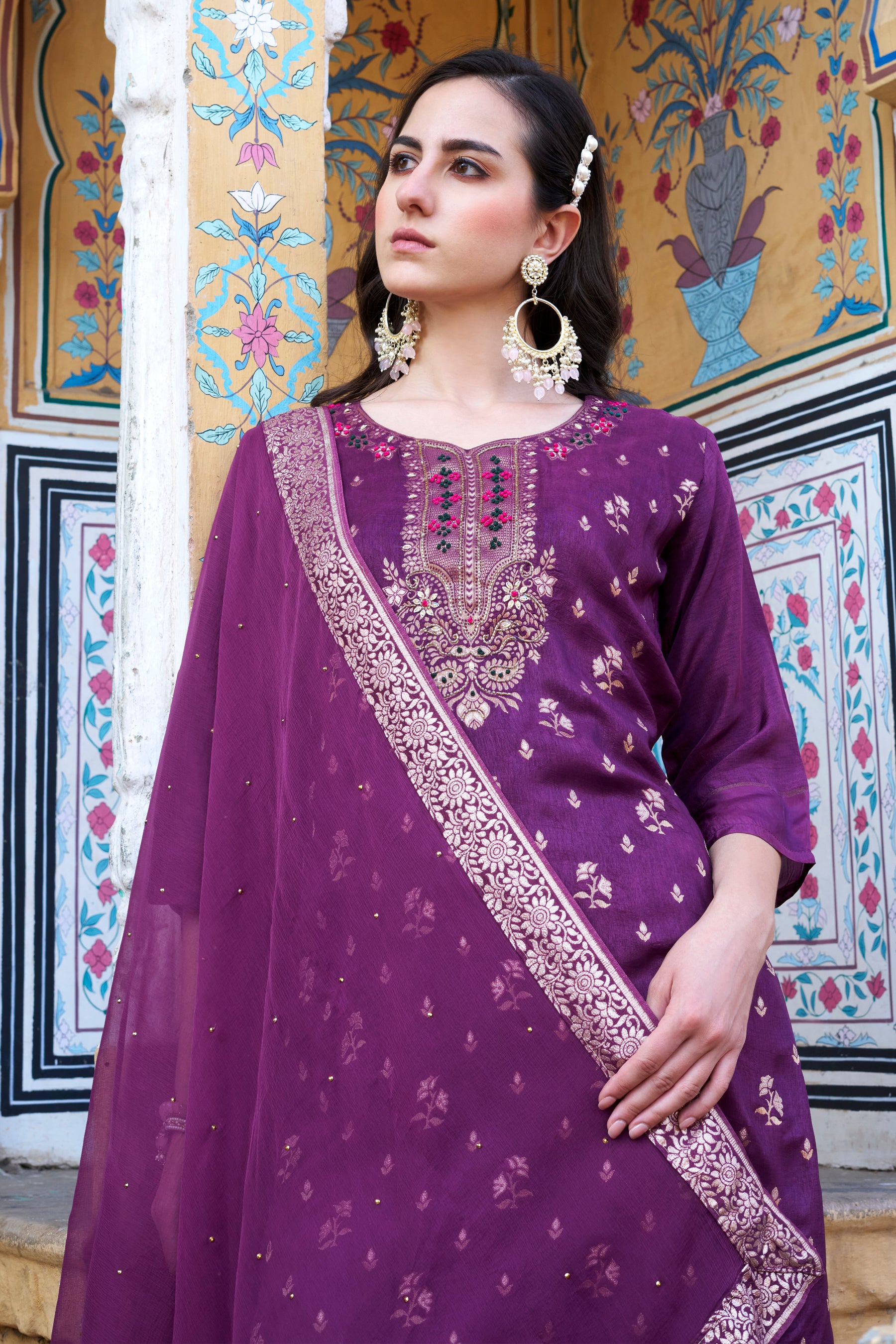 Arya Women Kurta and Pant Sets Dupatta Viscose Rayon Silk Blend with Handwork