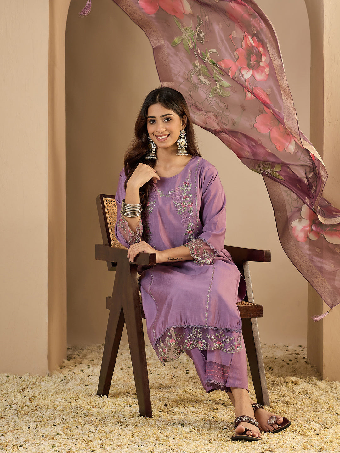 Braahmi Lavender Embroidery Straight Kurta Pant with Dupatta Suits