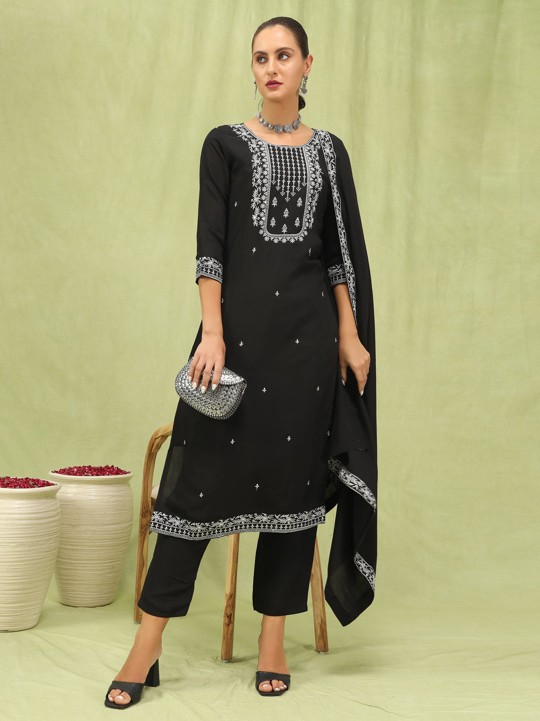 Drashti Womenβs Viscose Roman Silk Embroidery Straight Kurta Pant with Dupatta Set