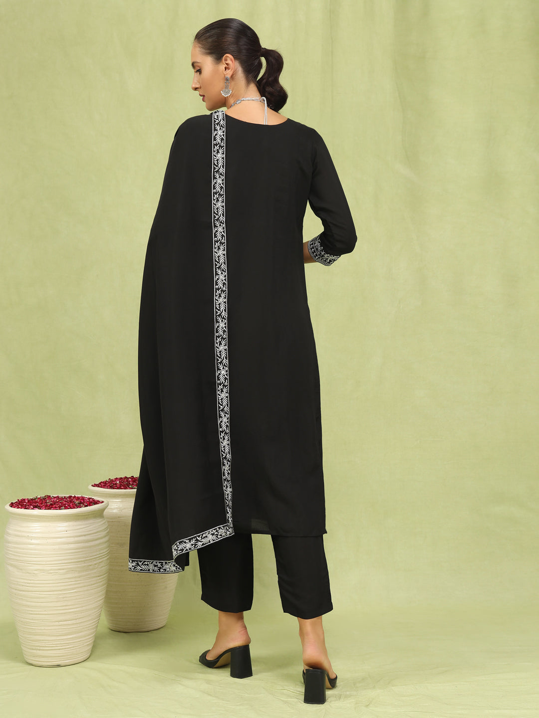 Drashti Women’s Viscose Roman Silk Embroidery Straight Kurta Pant with Dupatta Set