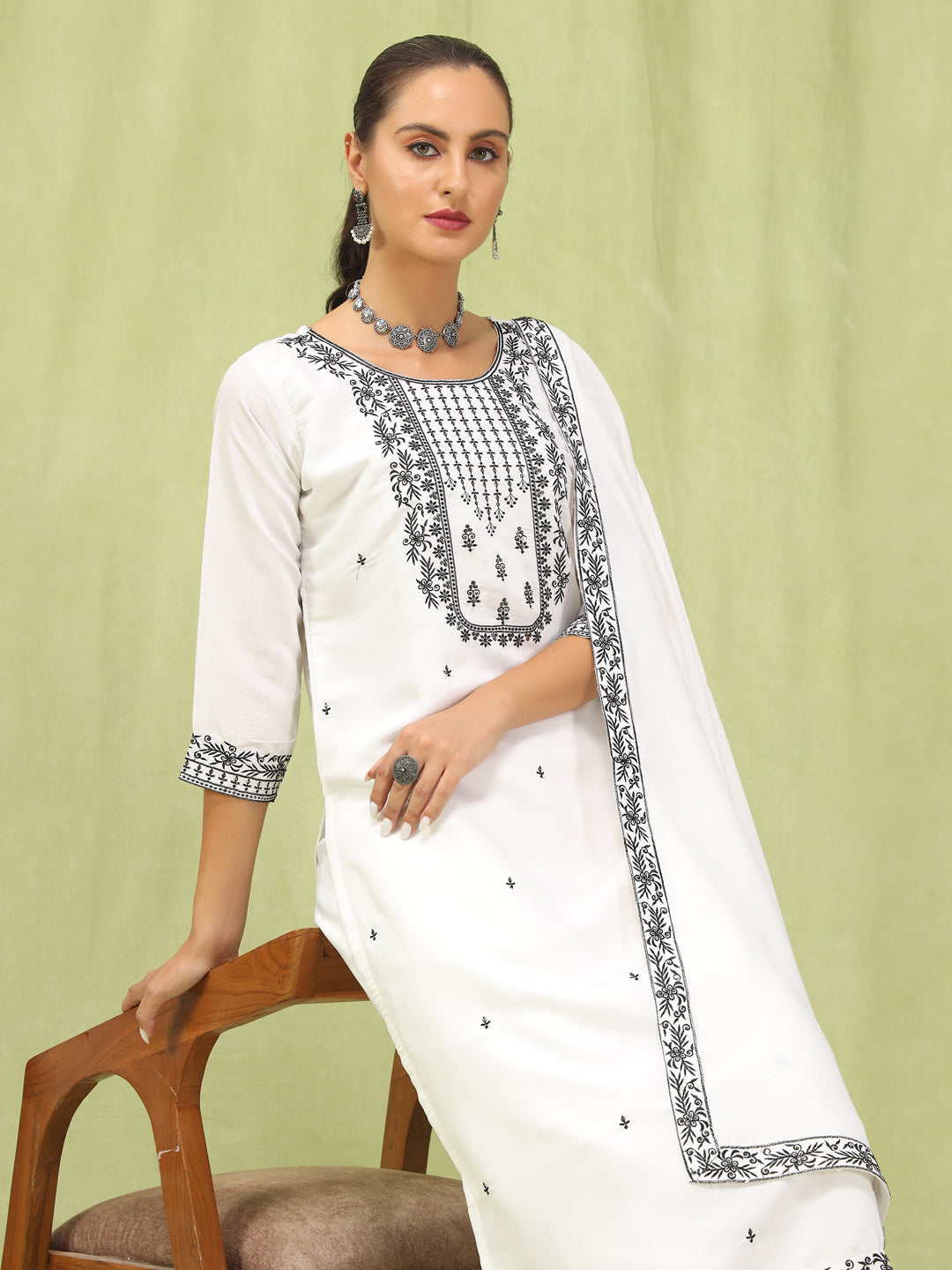 Hansika Womenβs Viscose Roman Silk Embroidery Straight Kurta Pant with Dupatta Set