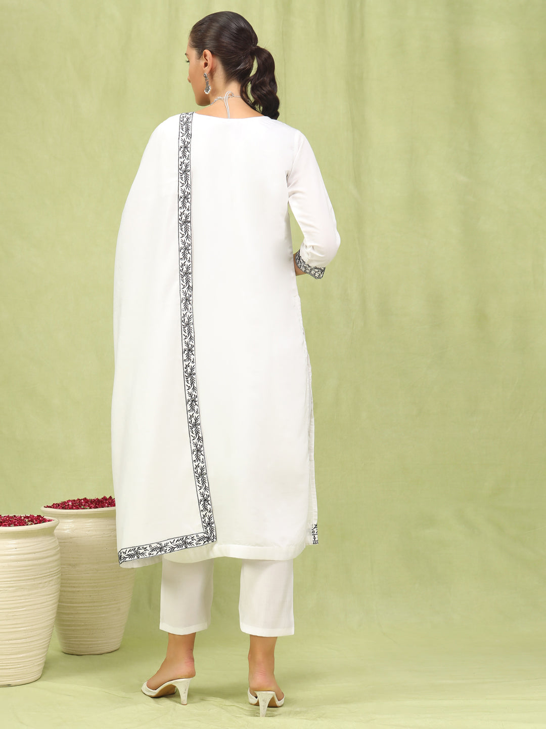 Hansika Women’s Viscose Roman Silk Embroidery Straight Kurta Pant with Dupatta Set