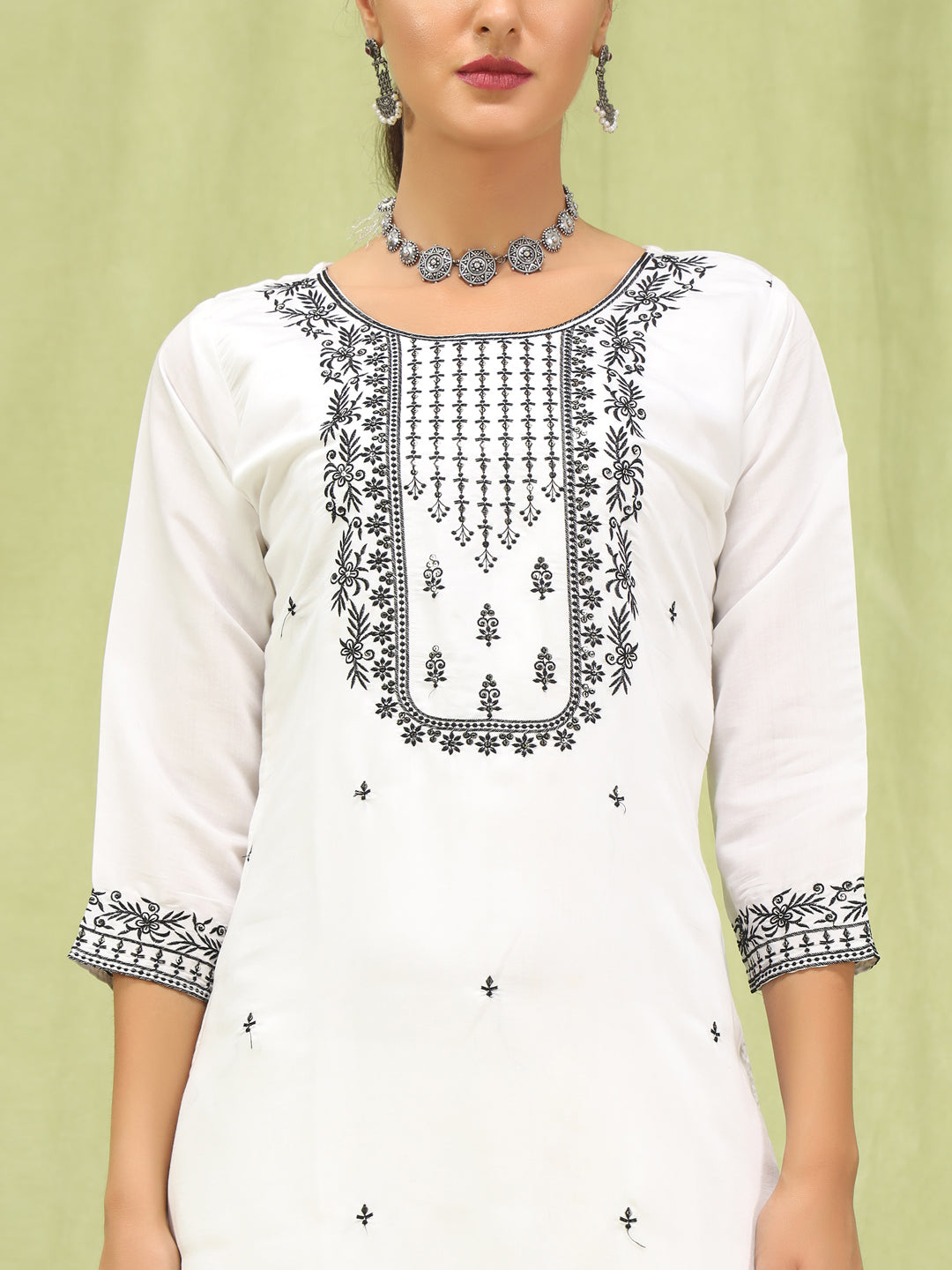 Hansika Women’s Viscose Roman Silk Embroidery Straight Kurta Pant with Dupatta Set