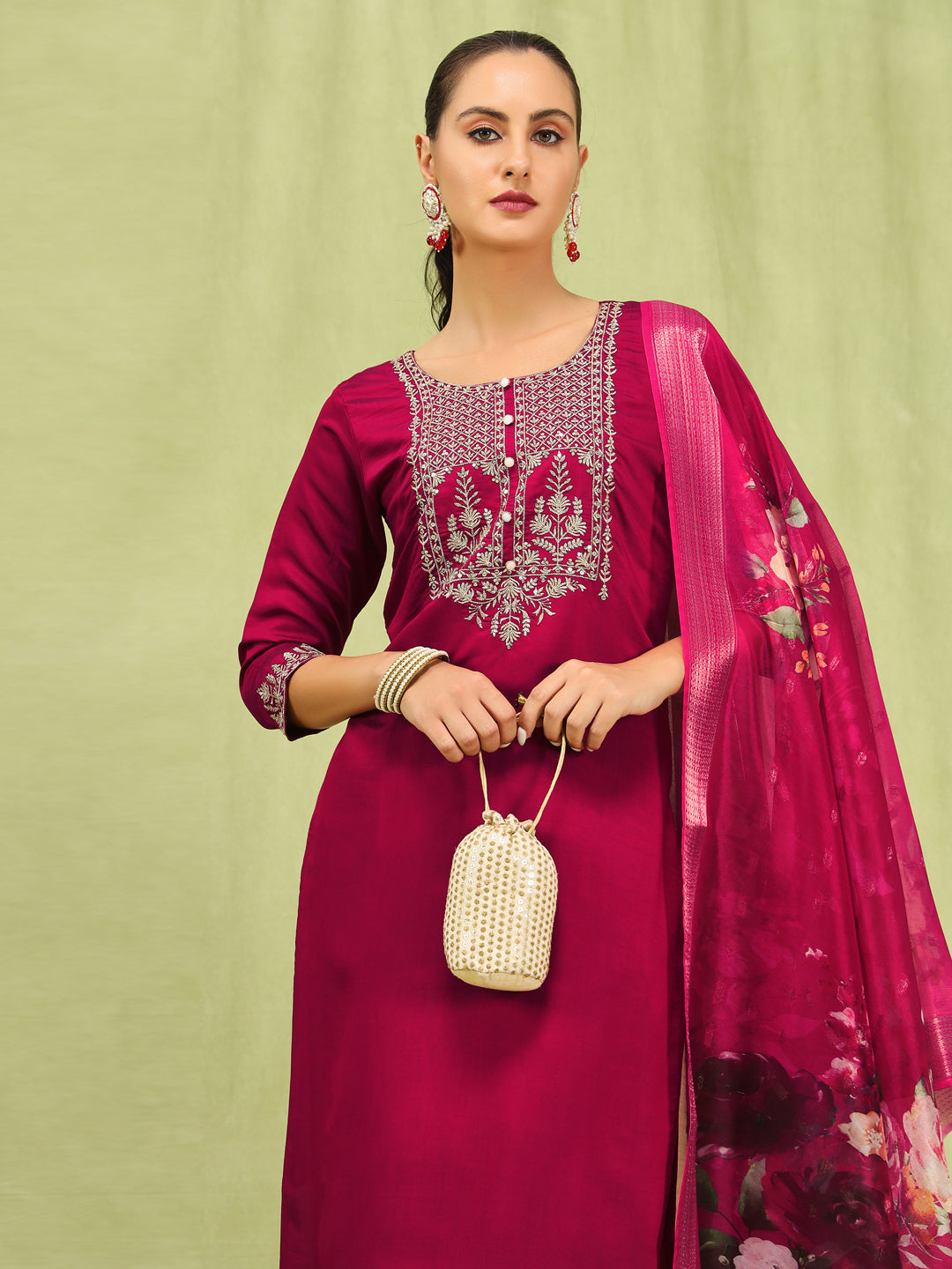 Sanjana Women’s Viscose Roman Silk Embroidery Straight Kurta Pant with Dupatta Set