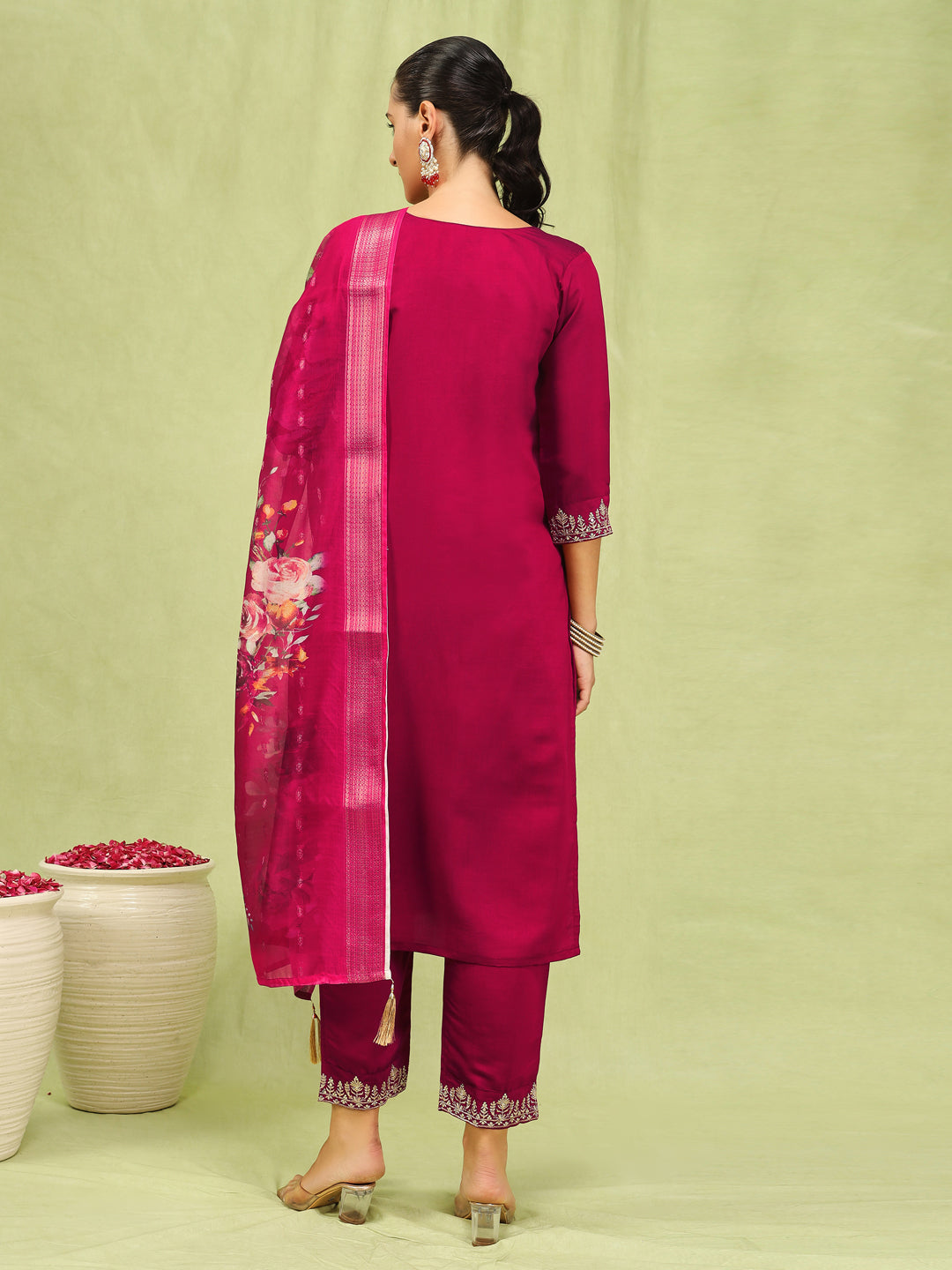 Sanjana Women’s Viscose Roman Silk Embroidery Straight Kurta Pant with Dupatta Set