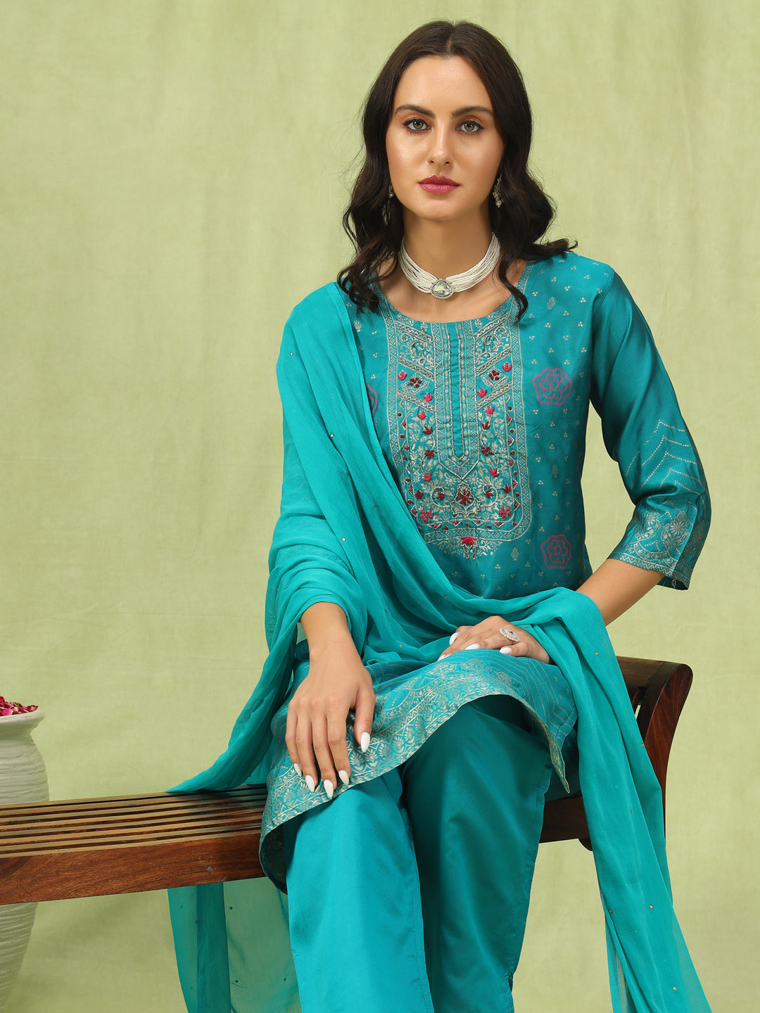 Kavya Women Cotton Silk Blend Kurta and Pant Sets with Handwork and Dupatta