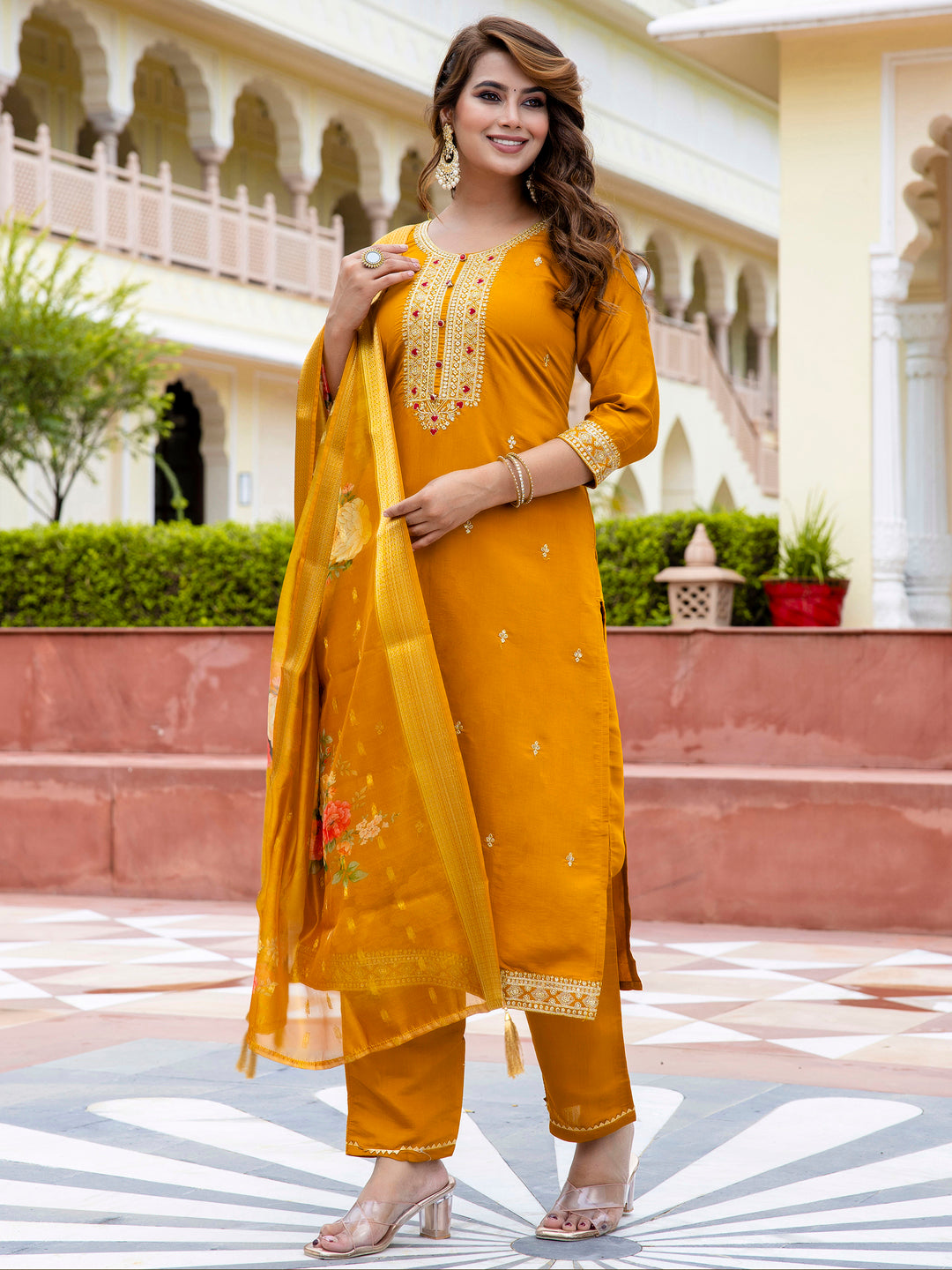 Aishani Womenβs Viscose Roman Silk Embroidery Straight Kurta Pant with Dupatta Set